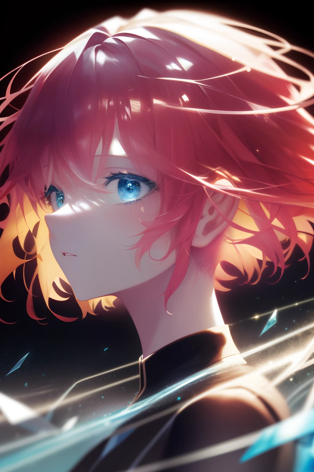 (master part))), best quality, illustration, Papel de parede 4k, Cinematic light, absurdos, protrait de 1girl, short hair, Cabelo de cristal azul, olhar do espectador, Cabelos brilhantes, Cabelo Flor, roupas de fantasia