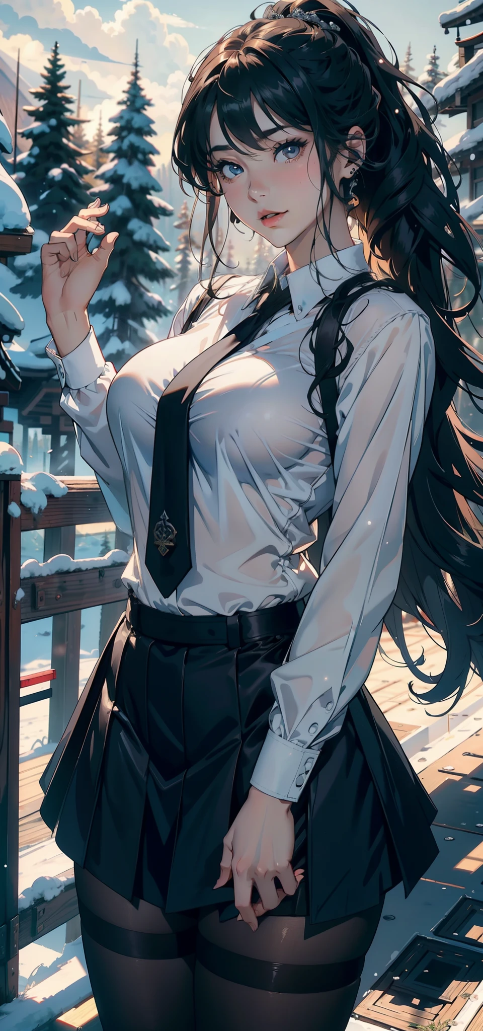 1female,25 age old,Large breasts,Pornographic exposure, 独奏,(Background with:ports,coniferous forest,at winter season,Snow on the ground) with his long black hair, 比基尼,standing on your feet,Sweat profusely,drenched all over the body,seen from the front, curlies, mostly cloudy sky,(((tmasterpiece),(Very detailed CG unity 8K wallpaper),best qualtiy,cinmatic lighting,detailed back ground,beatiful detailed eyes,Bright pupils,(Very fine and beautiful),(Beautiful and detailed eye description),ultra - detailed,tmasterpiece,)),facing at camera,A high resolution,ultra - detailed),revealing breasts,Bare genitalia, Bulge,Camel toes,Raised sexy,Flushed complexion,Open-mouthed,frontage,(Wearing:White shirt,black necktie,JK skirt,Pantyhose)