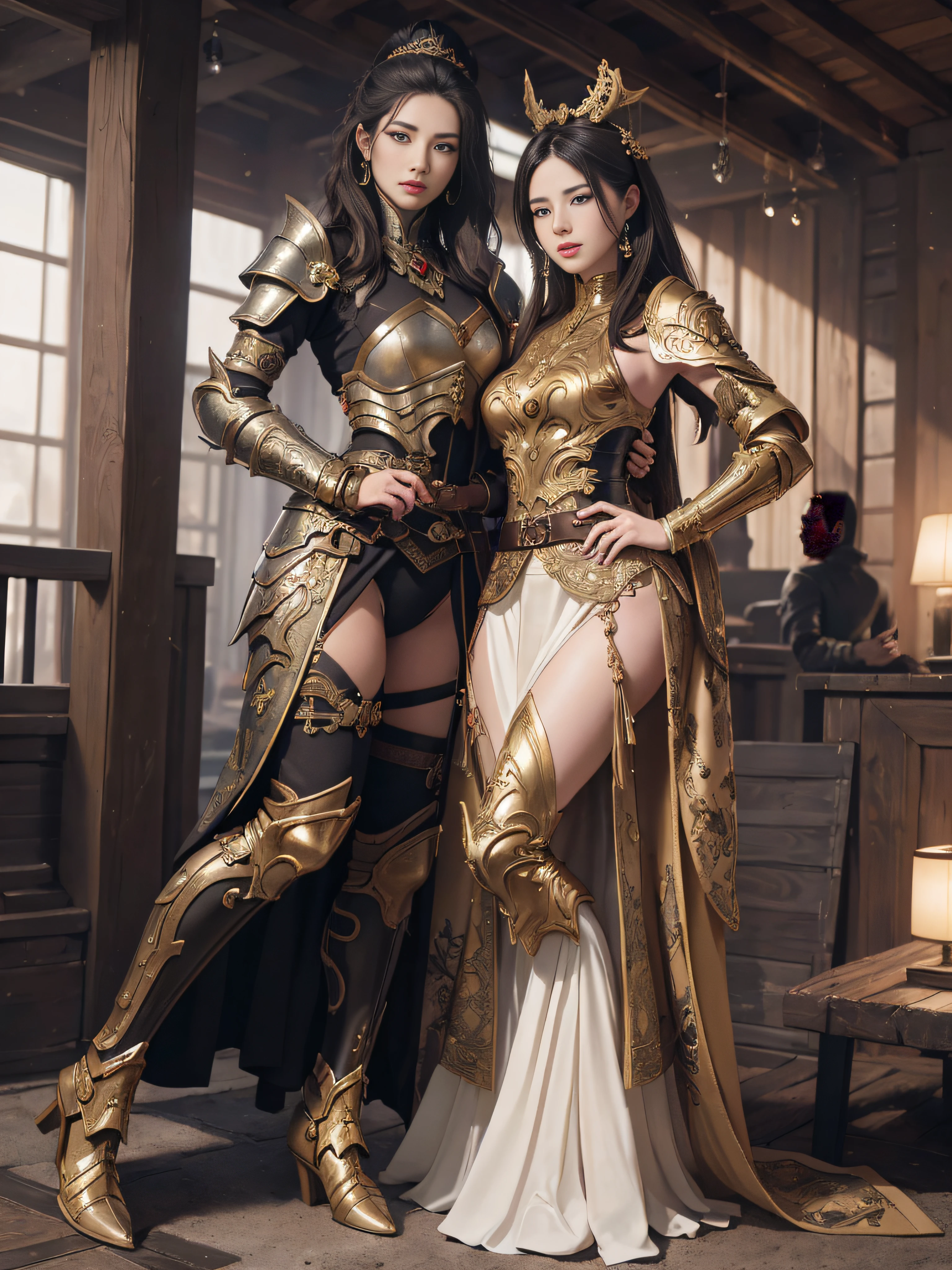 tmasterpiece,A high resolution,Absolutely beautiful,Oriental women,Eastern warriors,a mature female,,Fine and detailed eyes and detailed face,Tall and tall,She wears armour,Full coverage of the armor,Armor pants,Armor boots,Show off your armor and iron boots、、decor,Shogun, allure:(Tall:1.4),haughty,Mature temperament,(Wide buttock:1.4),(Thick thighs:1.4),Majesty,Rich scene detail,In the midst of the war,are standing,action