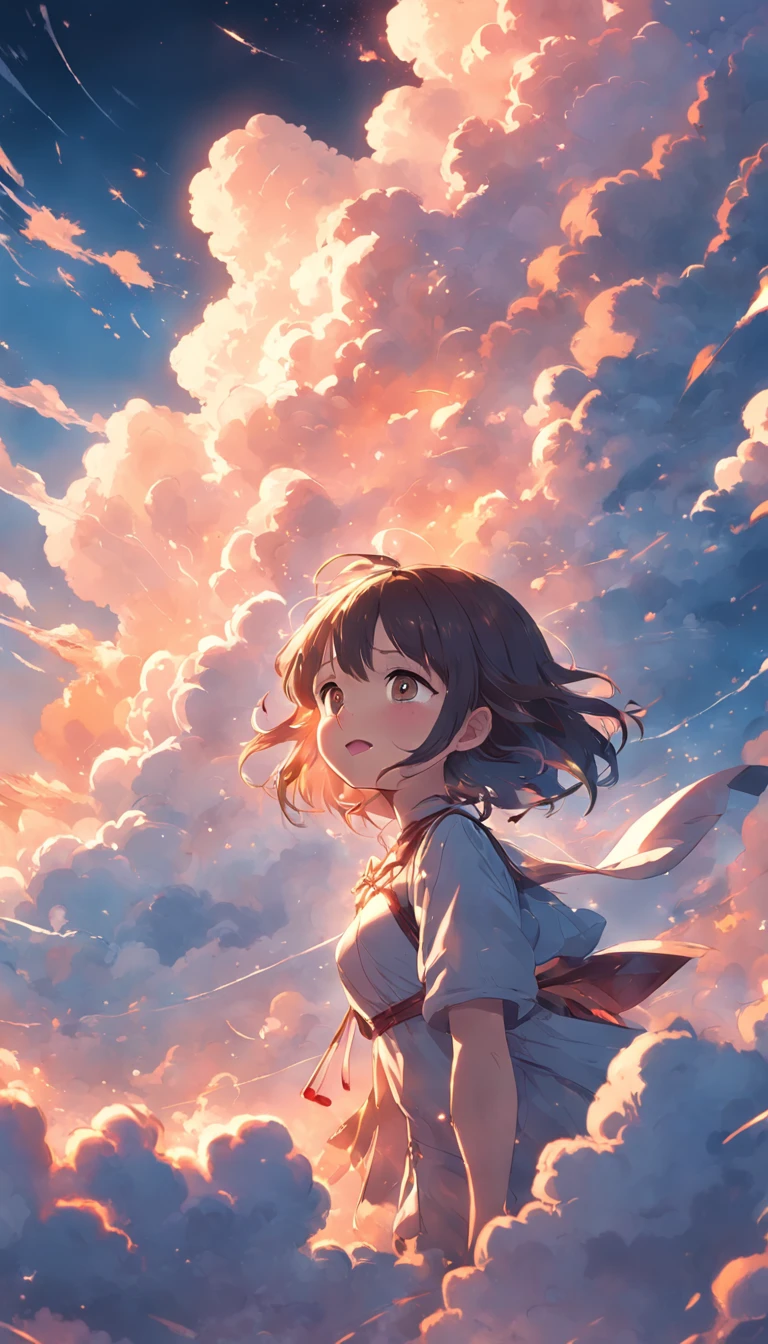 masterpiece, best quality, movie still, 1girl, cloud girl, floating in the sky, close-up, bright, happy, warm soft lighting, sunset, (sparks:0.7)