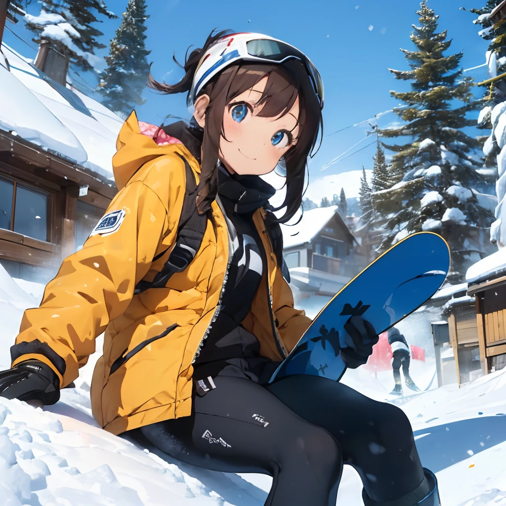 masutepiece, Best Quality, 8K_Wallpaper, (Beautiful eyes), ((There is an elevator on the left)), Cute, (Yellow Wear、Outerwear is yellow、Black pants),1girl in,small tits,1 schoolgirl、Smile,(Ski resort on a sunny day)、(((Snow piles up higher than your head)))、Ski resort on a sunny day、snow board、(((A girl is snowboarding down a slope)))(((Wear a snowboard)))、
