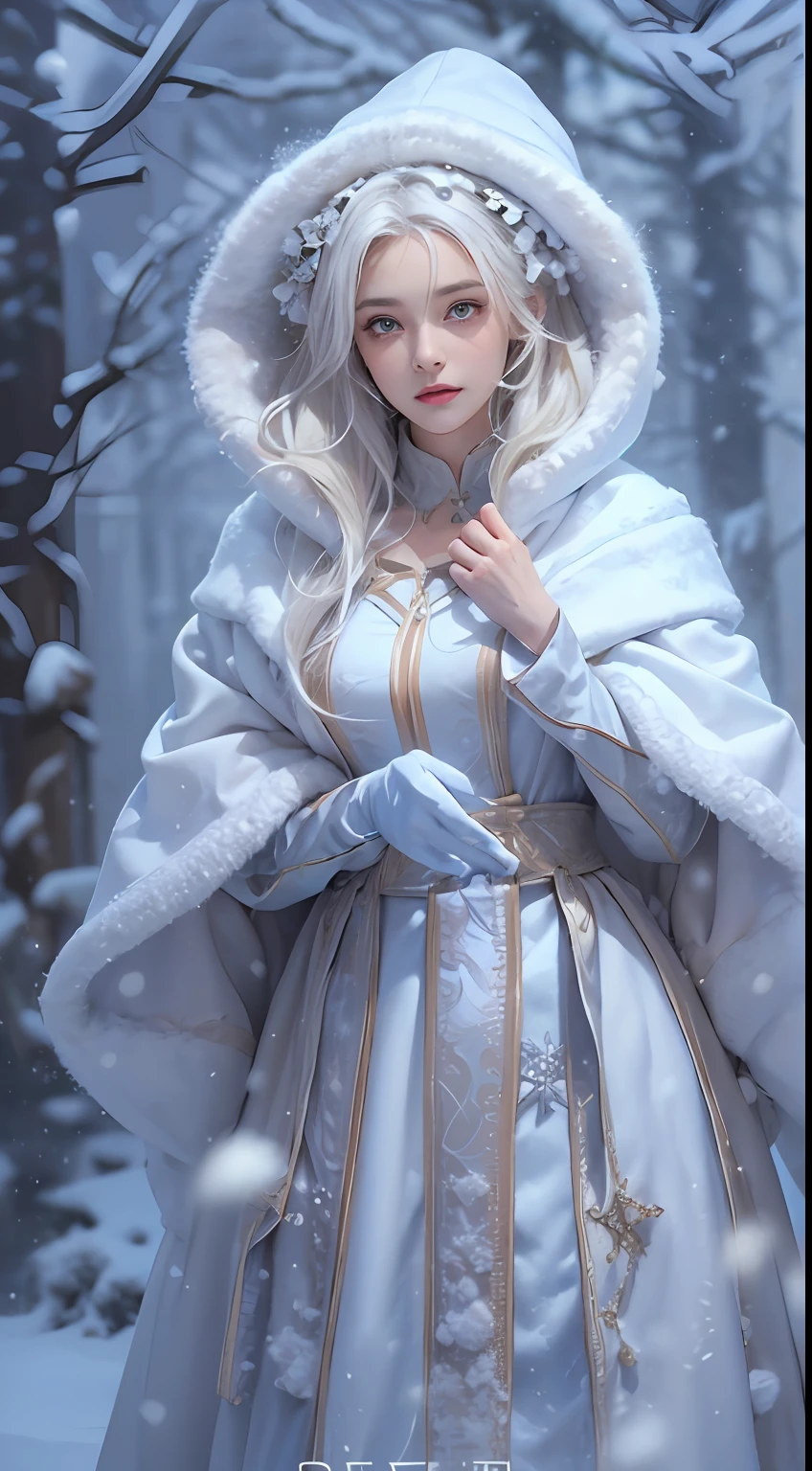 (8K),Photorealistic, high resolution, 1 Women, Solo, (Lolita costume), Beautiful eyes, White hair, ringed eyes, (sitted,Cloak,Cover with snow),snowfield,
