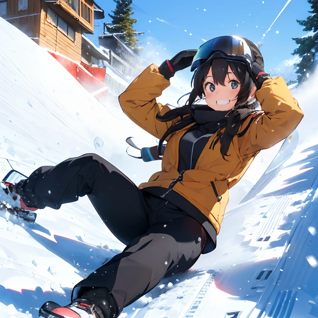 masutepiece, Best Quality, 8K_Wallpaper, (Beautiful eyes), ((There is an elevator on the left)), Cute, (Yellow Wear、Outerwear is yellow、Black pants),1girl in,small tits,1 girl、Smile,(Ski resort on a sunny day)、(((Snow piles up higher than your head)))、Ski resort on a sunny day、snow board、(((A girl is snowboarding down a slope)))(((Wear a snowboard)))、