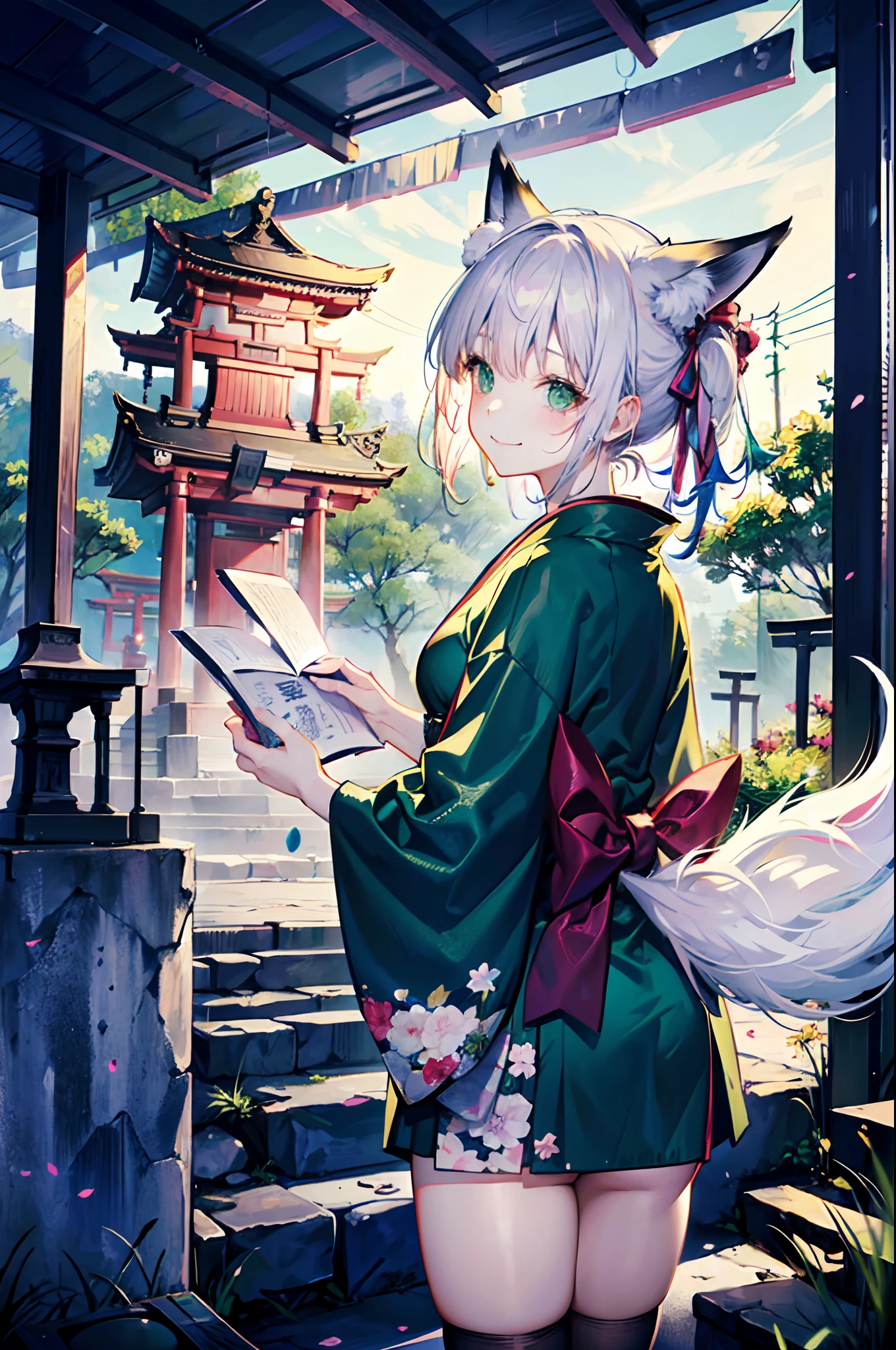 (jpn、Shrine 1.4)、PastelColors、The best illustrations、top-quality、Red torii gate、beauitful face、blurry backround、10 year old beautiful girl、shinny skin, (1The fox tail of the book grows:1.3)、Beautiful silver hair、short-hair、(poneyTail:1.2)、green colored eyes、Fox ears、hair adornments、Gentle smile、Curve、(Yukata robes 1.2)、a miniskirt、wearing kneesocks、