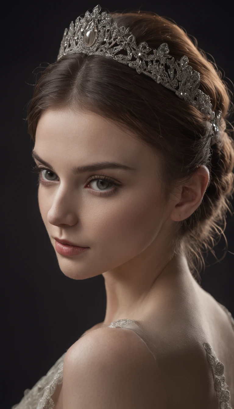 A captivating photograph captured in a studio environment, showcasing a model with impeccable elegance. The backlit setup adds a touch of mystery, casting the model's silhouette against a dark backdrop. The details of the model's face are beautifully accentuated, especially the hazel eyes that hold a sense of depth and emotion. The scene is bathed in cinematic lighting, creating an atmosphere that is both intimate and enchanting.