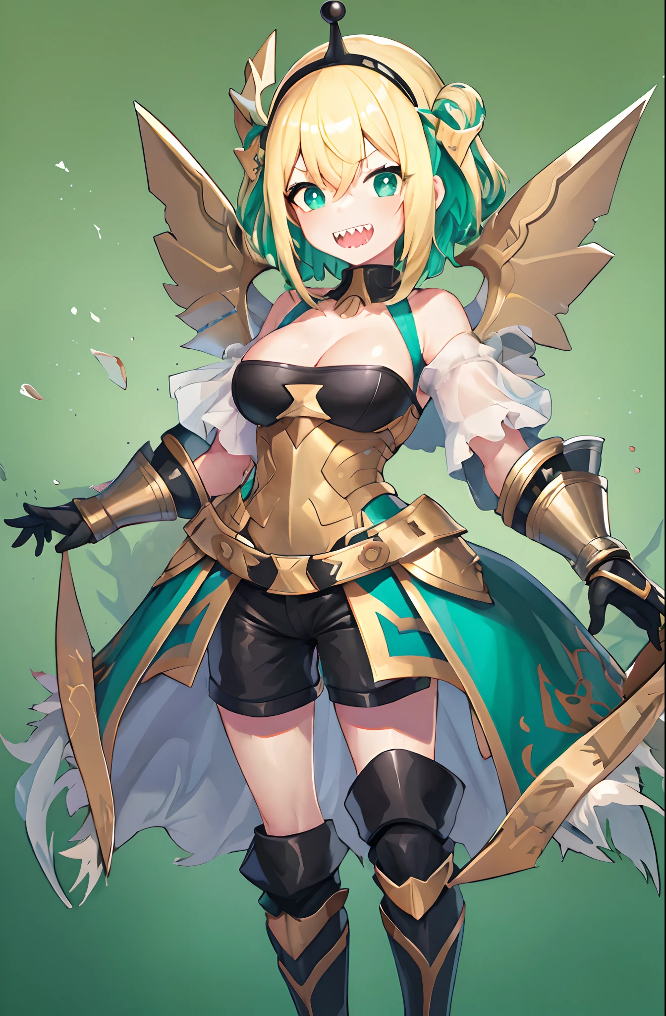 amano pikamee, 1girl, virtual youtuber, solo, sharp teeth, teeth, blonde hair, multicolored hair, hairband,t, two-tone hair, bright pupils, white pupils, breasts, gradient, collarbone, bangs, yellow background, bare shoulders, gradient background, green eyes, black shorts, hair between eyes, green hair, cleavage, short hair,(icone de um jogo), (icone de peitoral : 1.5), um peitoral , peitoral marrom, chest plate, peitoral pesada marrom, peitoral grosso, peitoral de Armadura intrincada, peitoral de armadura de fantasia pesada, peitoral detalhado, armadura ornamentada, peitoral de Armadura Paladina, peitoral dearmadura de batalha, intrincada peitoral, full body walking