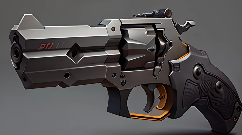 Closeup of three views of a revolver on gray background, sci - fi weapon, trending on polycount, Weapon design, polycount, weapon concept art, weapon concept art,First-person gun, hard surface character pinterest, First-person weapon