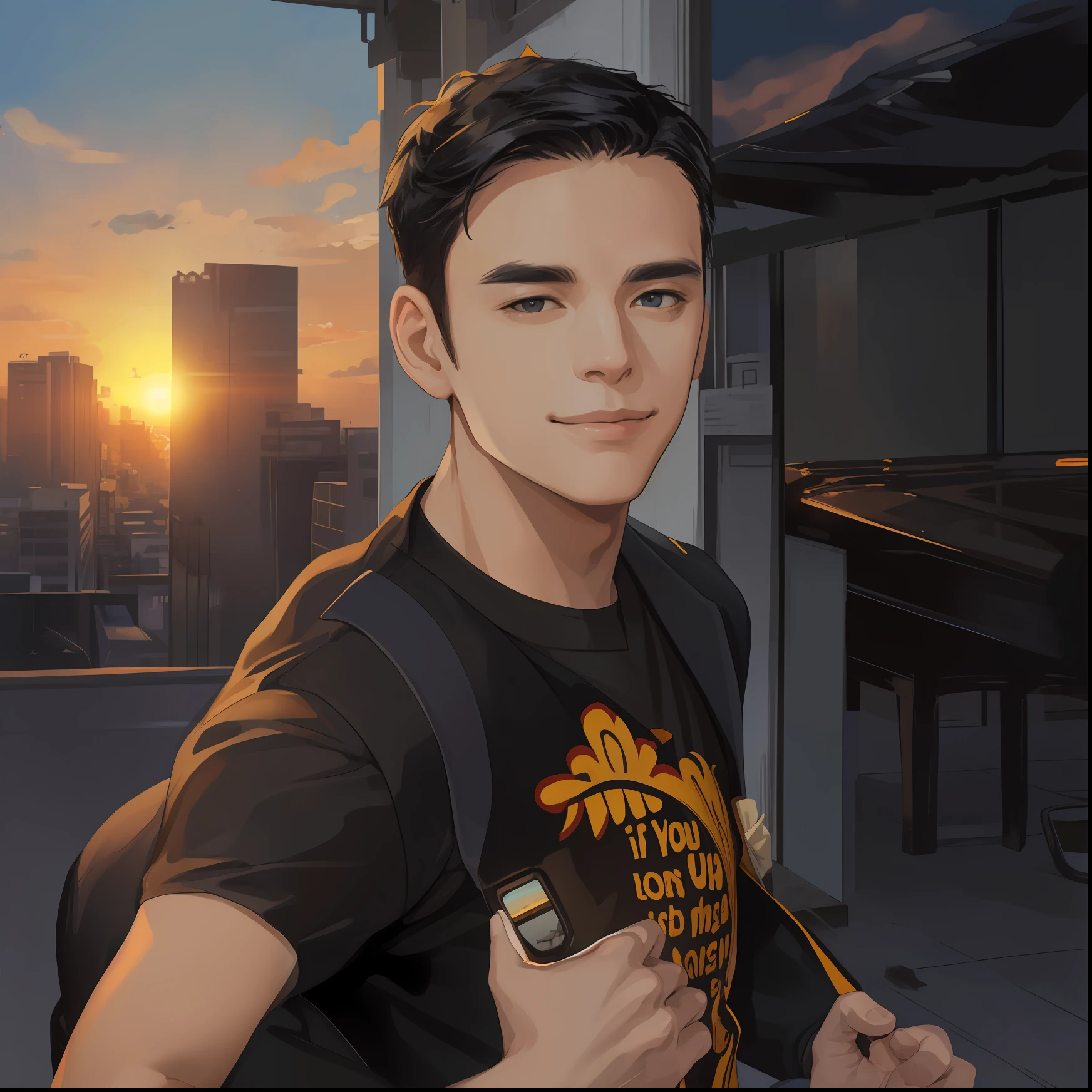 masterpiece, best quality, realistic, 1man, male focus, mature, tall muscular, handsome, [thick eyebrows:0.5], smile, suit, portrait, extremely detailed face, (black hair), (very short hair:1.3, forehead), (suit:1.3), sunset sky, dusk