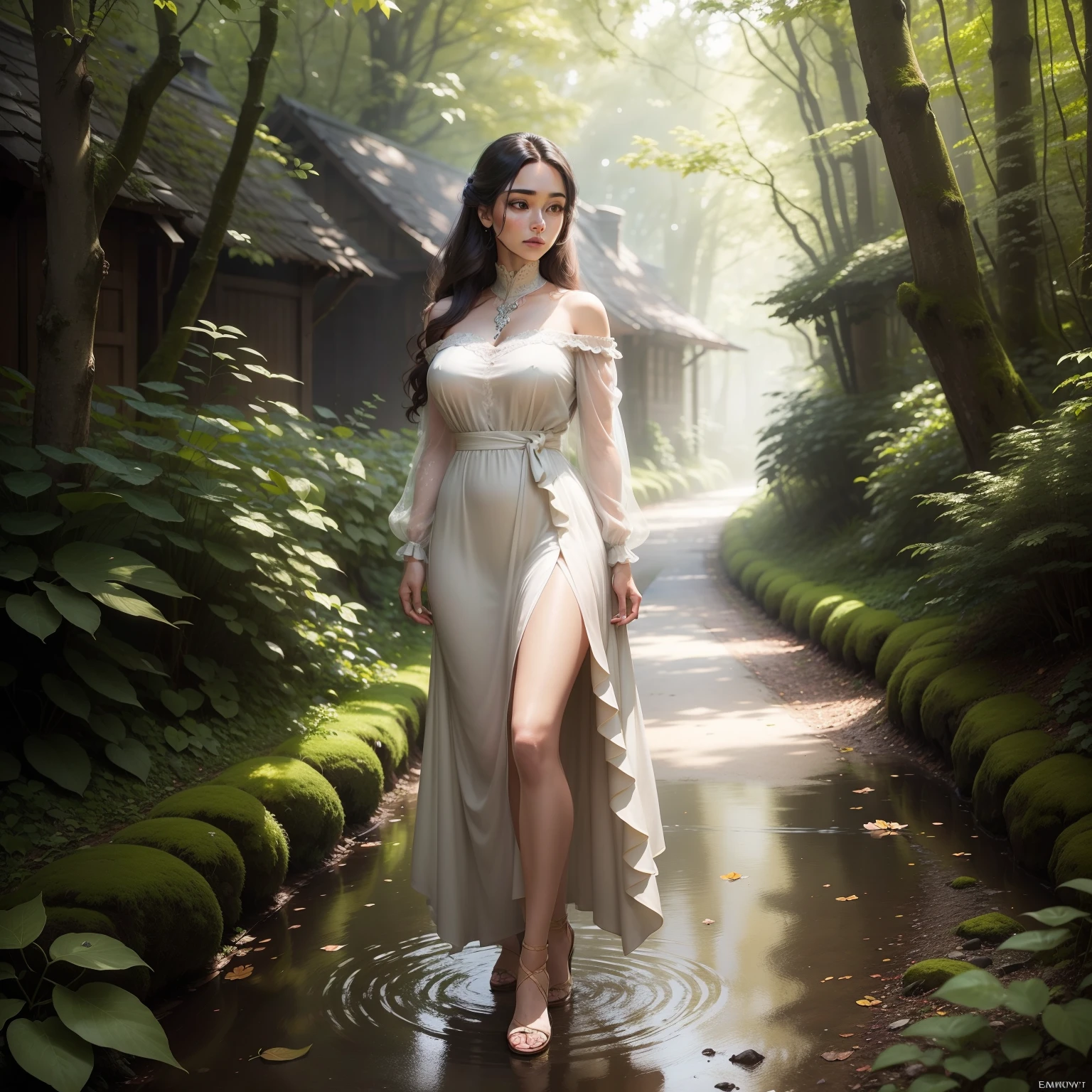 CherryDV a young and talented female actress, embodies both beauty and skill. Her visage exudes a delicate elegance reminiscent of a fairy. Her long, sleek hair cascades in shades of golden brown. The village road is a winding path that leads through a lush forest. The trees are tall and green, and the sunlight filters through the leaves, creating a dappled pattern on the ground. The sound of the brook can be heard in the distance, and the air is filled with the smell of damp earth and pine needles. It is a peaceful and serene place, and it is the perfect place to relax and escape from the hustle and bustle of everyday life