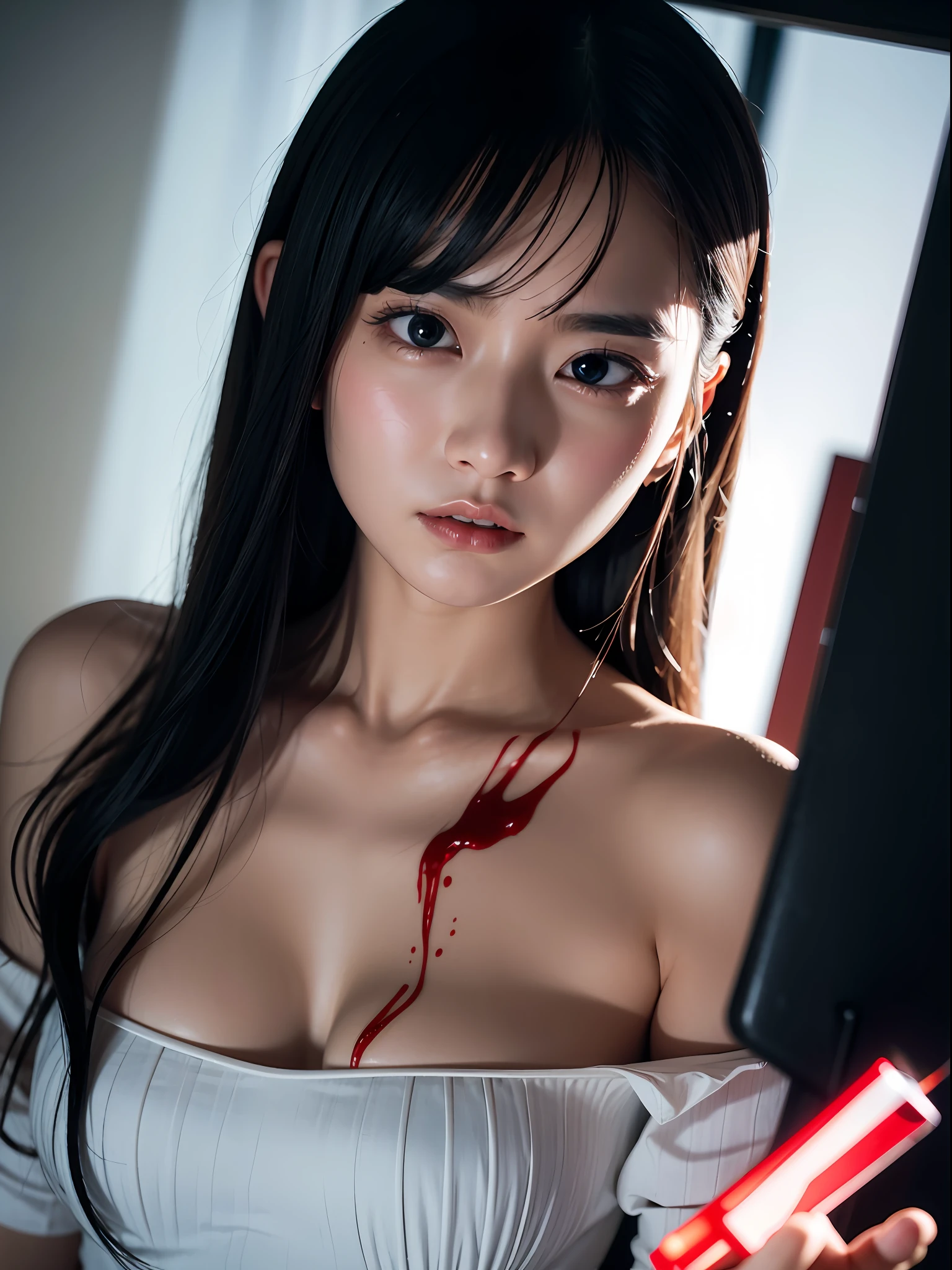 8K、Top image quality、​masterpiece、25-years old、(1 adult female)、White Off Shoulder Dress、Horror style、High-speed shutter、motion-blur、Action Figures、angry expressions、The dim、A knife with blood glows suspiciously、various parts of the body are cut out and bleeding,,、Blood vessels in the chest are faintly visible、There is also a lot of blood in clothes、She's pretty excited、She holds a knife in the dim light、Glaring at us