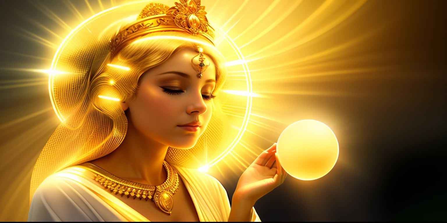 A woman in a white robe is holding a glowing ball, Gold subtle light, Beautiful golden saint, Majestic saint woman, Emitting golden light, golden aura, Queen of Heaven, A radiant golden aura, Divine Feminine, Holy and divine rays, Golden azure, Beautiful goddess, Female Power in the Divine Universe, A golden halo behind her head, Goddess of Light, divine goddess, Mother of God