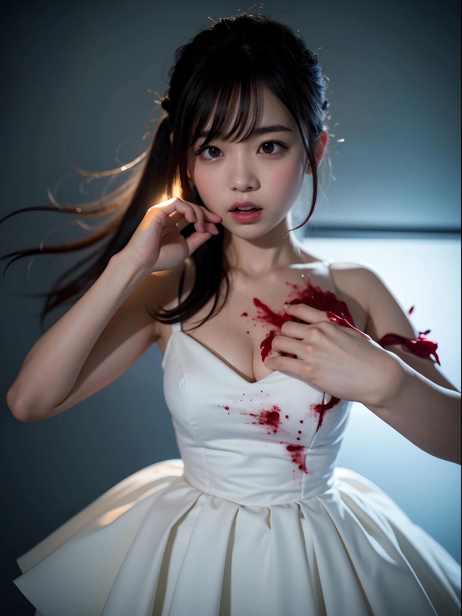 8K、Top image quality、​masterpiece、25-years old、(1 adult female)、White Off Shoulder Dress、Horror style、High-speed shutter、motion-blur、Action Figures、angry expressions、The dim、A knife with blood glows suspiciously、various parts of the body are cut out and bleeding,,、Blood vessels in the chest are faintly visible、There is also a lot of blood in clothes、She's pretty excited、She holds a knife in the dim light、Glaring at us