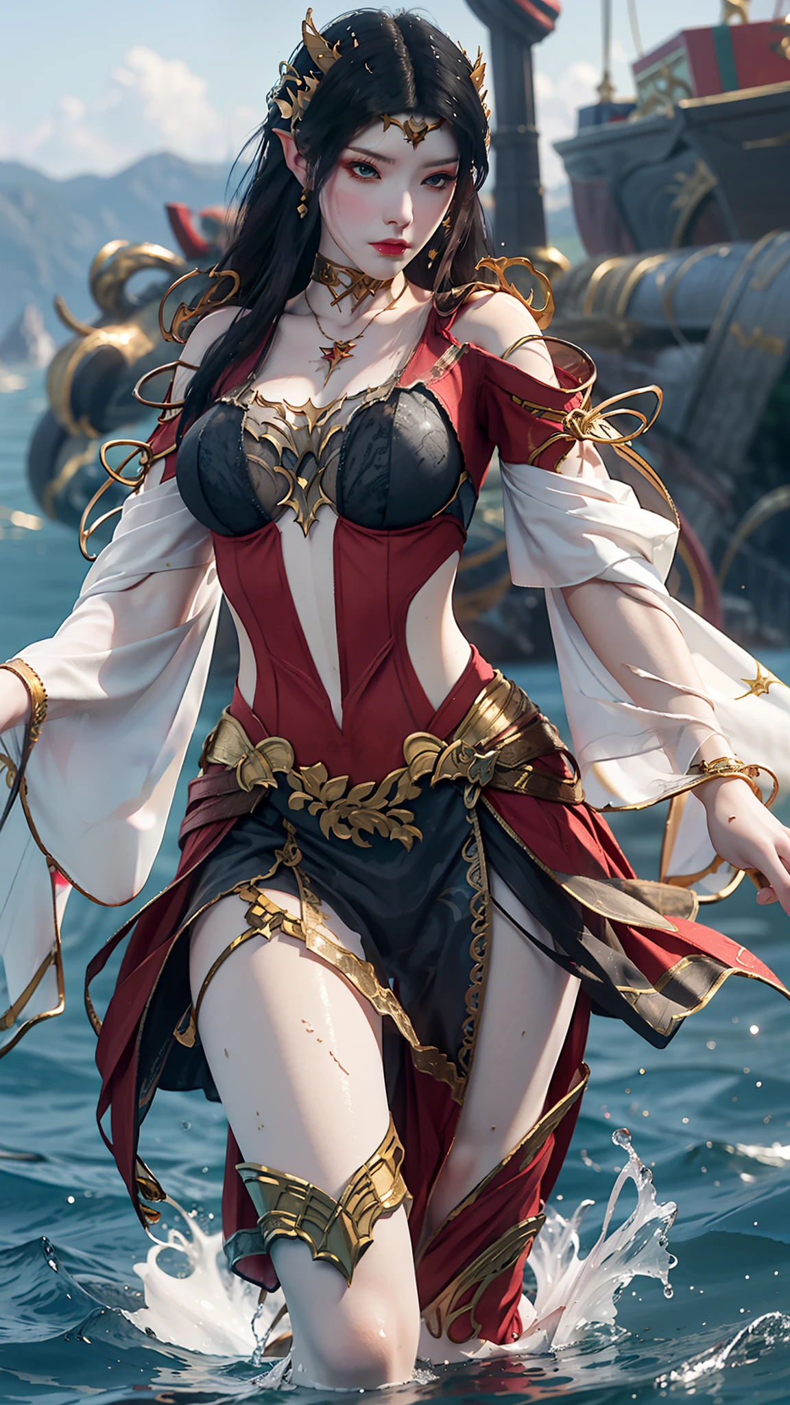 Arapei in a blue and white dress stood in the water, Anime girl walking on water, closeup fantasy with water magic, azur lane style, trending on cgstation, Anime girl cosplay, seraphine ahri kda, Splash art anime Loli, trending at cgstation, realistic water, water fairy, WLOP and Sakimichan