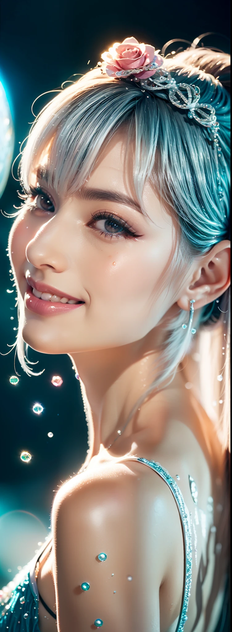 facing away from the audience，Silver-haired woman，Low double ponytail，watery big eyes，Pink hair accessories，Enchanted smile，Get out of the water，Detailed depiction of water droplets on the body，The delicate rose pattern tattoo on the back comes to life，Blur lighting effects，Close-up shot，Best quality photos，16K High Resolution。