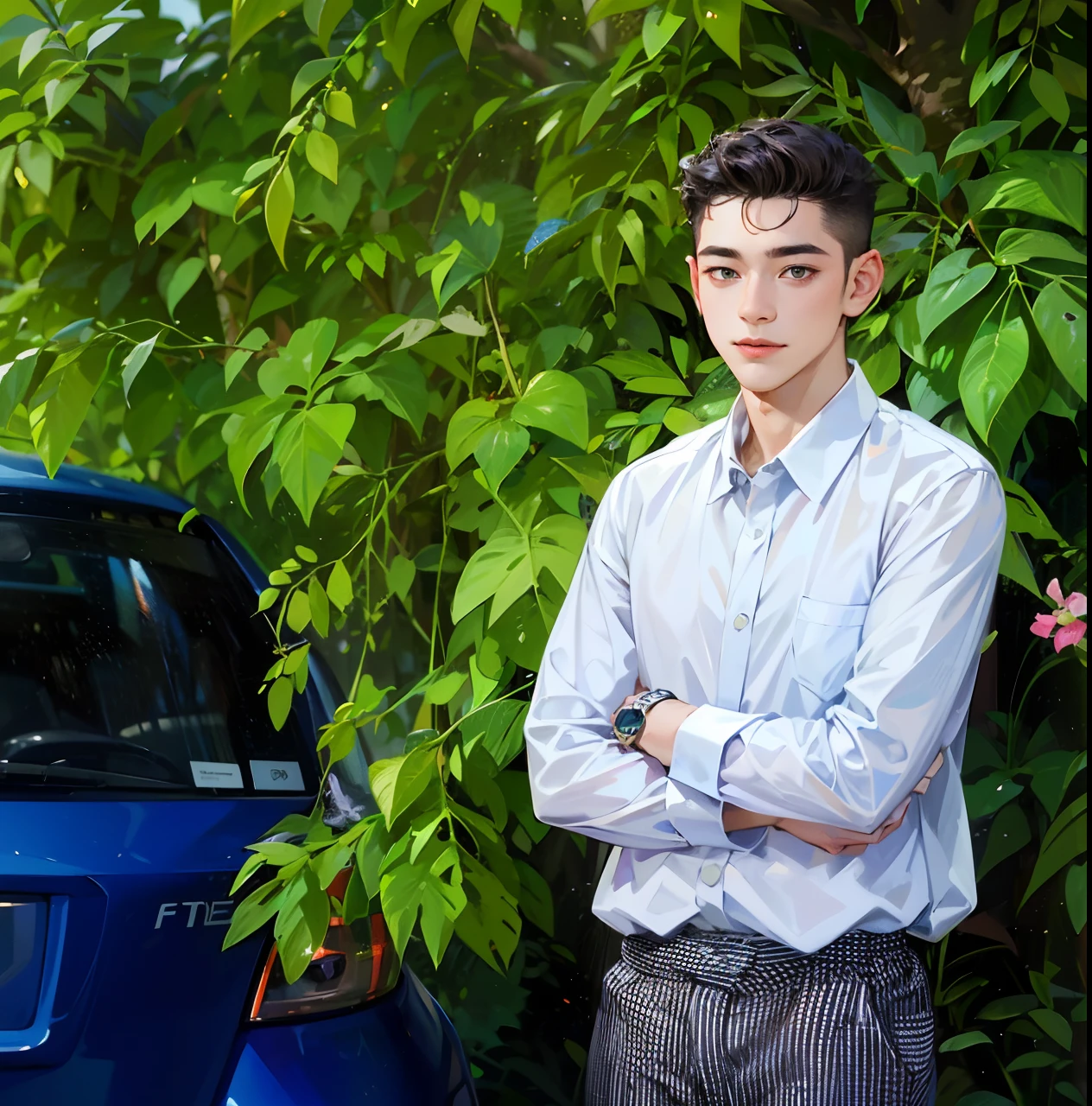 (absurdres, highres, ultra detailed, HDR), masterpiece, best quality, 1boy, young, handsome, short hair, finely eye and detailed face, eligent, dimple, forehead, plant, daylight, selfie shot, light smile