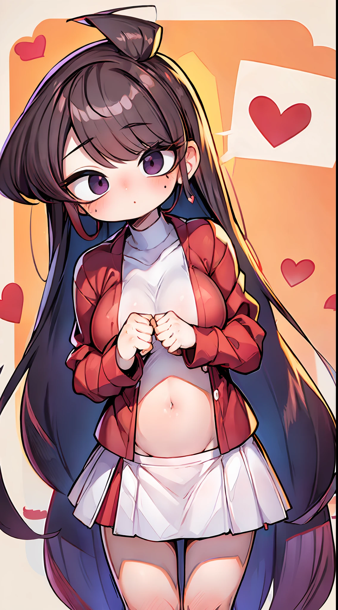 komi shouko,(A white border around a red rectangular background:2.5),Back view,Break open your hips,revealing her belly,huge tit,whitesweater,High detail,ahegao face,Moles under eyes, Heart-shaped pupils,Love pupils,Lots of hearts,Fleshy thighs,highly rendered,detailed face with