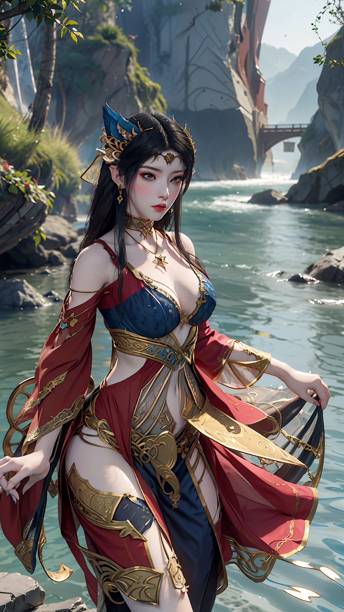 Arapei in a blue and white dress stood in the water, Anime girl walking on water, closeup fantasy with water magic, azur lane style, trending on cgstation, Anime girl cosplay, seraphine ahri kda, Splash art anime , trending at cgstation, realistic water, water fairy, WLOP and Sakimichan