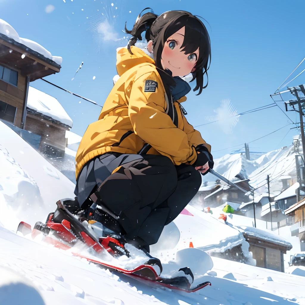 masutepiece, Best Quality, 8K_Wallpaper, (Beautiful eyes), ((I am carving through the snow, raising a spray of snow in my wake.)), Cute, (Yellow Wear、Outerwear is yellow、Black pants),1girl in,small tits,1 girl、Smile,(Ski resort on a sunny day)、(((Snow piles up higher than your head)))、Ski resort on a sunny day、snow board、(((A girl is snowboarding down a slope)))(((Wear a snowboard)))、