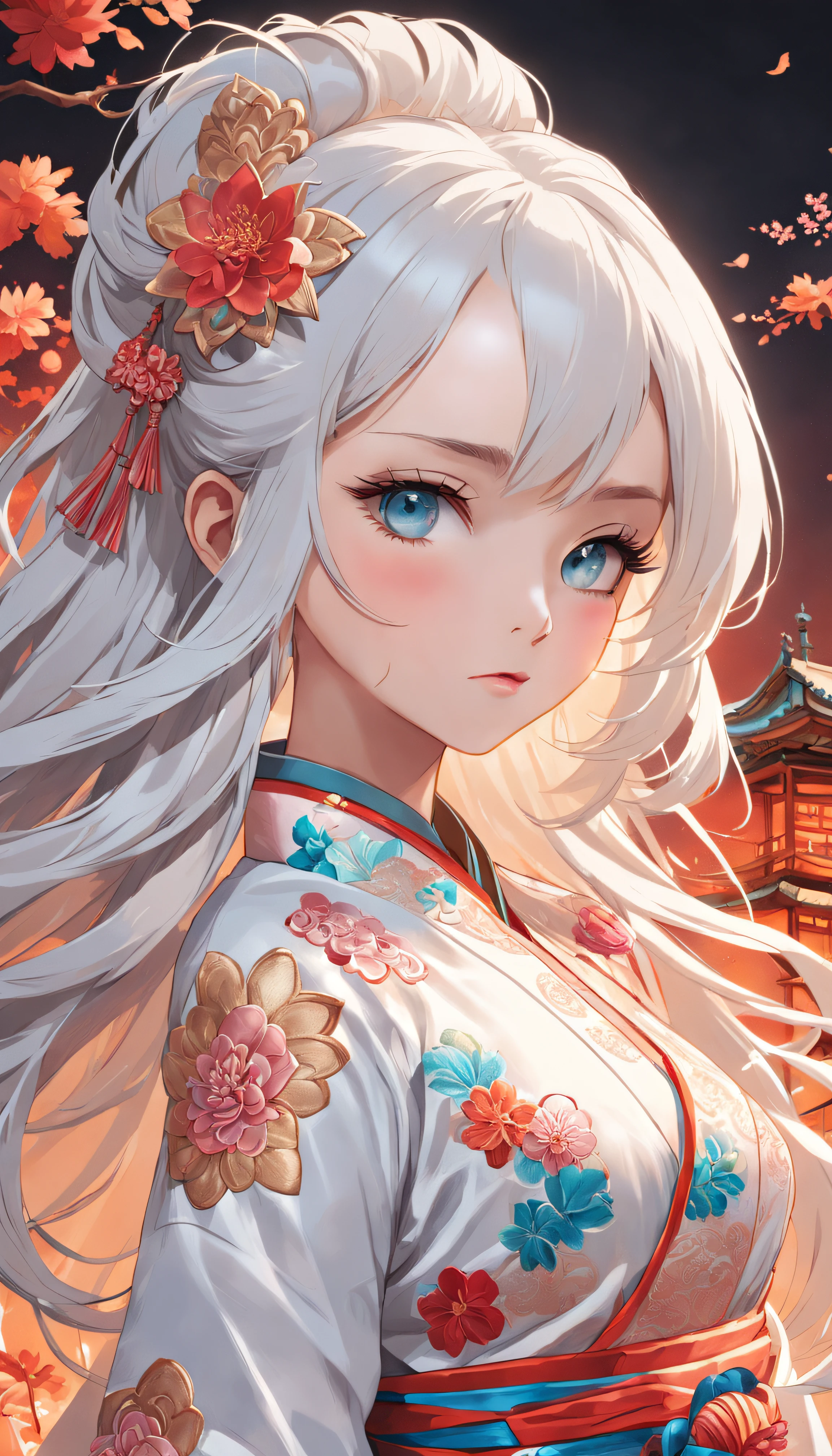 Royal Sister，Raised sexy，on cheongsam，Embroidery，(1girll，White color hair，closeup cleavage， colorfull long hair, Oriental elements)，(Super refined，Chinese illustration:1.3，paper art:1.3, Quilted paper art:1.2),( reasonable design, Clear lines, High sharpness,Best quality, Very detailed, Masterpiece, movie light effect, 4K )