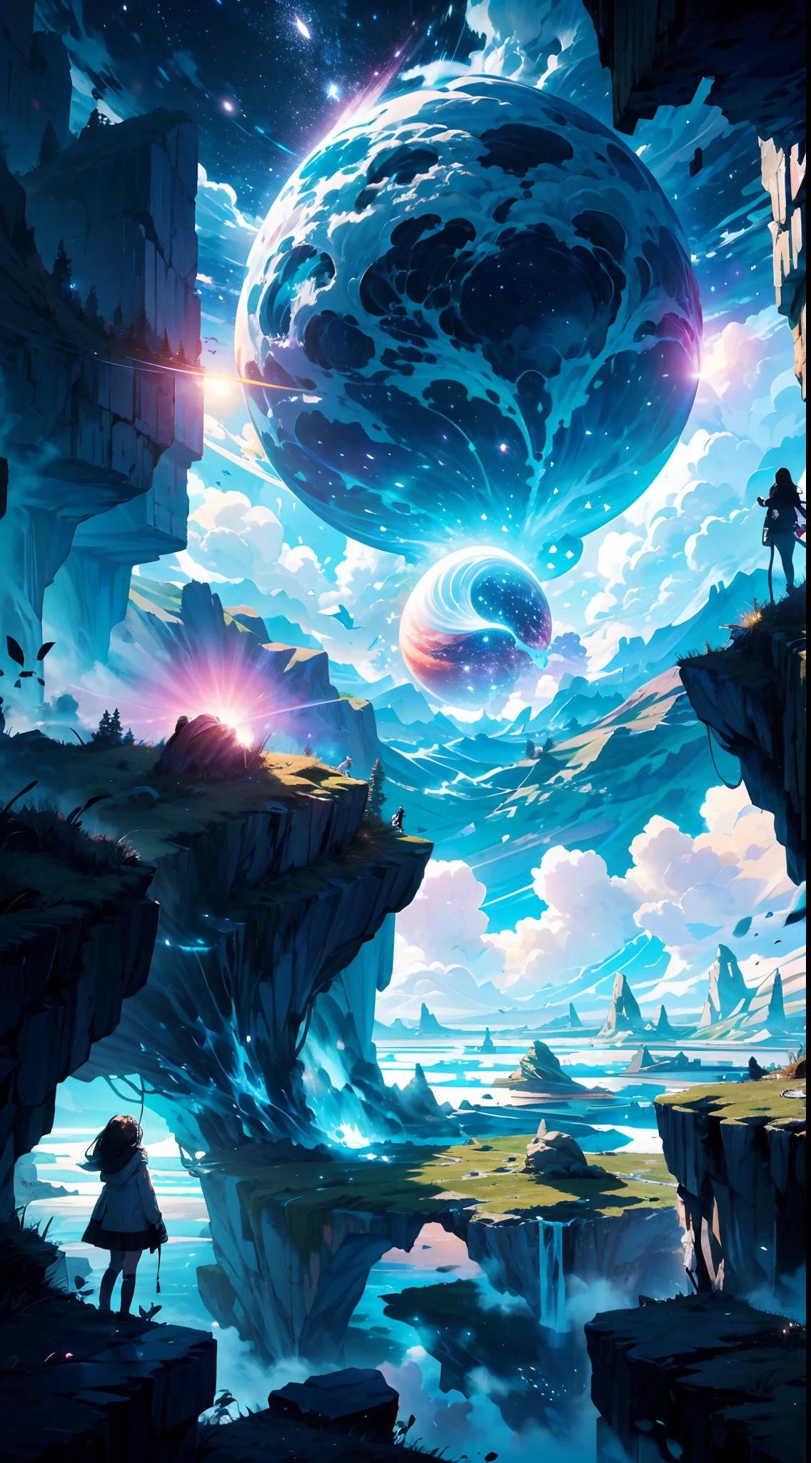 Step into a world of wonder and ethereal beauty, where reality and dreams intertwine. Visualize an awe-inspiring scene - a breathtaking view of a sea of stars, shimmering brilliantly above a blanket of fluffy clouds. In the foreground, a young girl stands on a cloud, her silhouette poised against the celestial panorama.
BREAK
Describe the girl's stance as she gazes up at the vast expanse of twinkling stars, capturing her sense of awe and reverence. Explore the emotions evoked by the scene - a mix of wonder, curiosity, and a deep connection to the vastness of the universe. Consider the significance of this moment for the girl - is she contemplating her place in the cosmos, seeking solace or inspiration, or perhaps embarking on a celestial journey of her own?
BREAK
Craft a brief narrative or evoke a sense of atmosphere, using evocative language to emphasize the surreal and otherworldly nature of the scene. Explore the interplay between the tangible and the intangible - the solid cloud beneath her feet contrasting with the infinite expanse of stars above. Consider incorporating sensory details such as the soft touch of the cloud, the sound of distant celestial music, or the faint scent of stardust in the air.