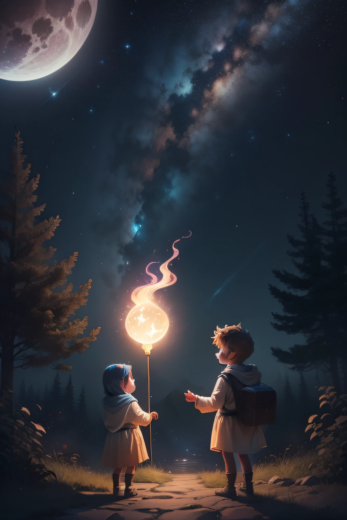 "Crie uma imagem com uma atmosfera encantadora e infantil, inspired by the book 'Greg and the Magic Night'. Nessa imagem, inclua os personagens Lucas e Greg, both exploring a night scene full of wonders. Add a starry sky with smiling stars and a friendly watching moon. Ademais, Insert a translucent spirit with a friendly and bright appearance, as a magical guide on the night journey. Use soft, vibrant colors to create a cheerful and magical environment that resonates with children's audiences. Let your creativity flow and capture the sense of adventure and mystery that the book conveys."