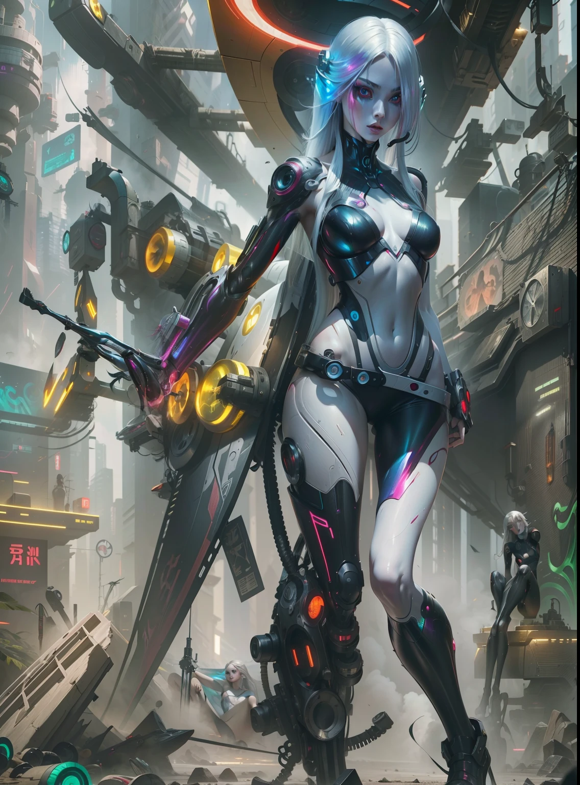 Masterpiece, Best Quality, Girls, Slender, Red Eyes, Hair Color, Iridescent, Long Hair Spreading,Cyberpunk,  White Skin, ghost in the shell style,  Medium, Cute, Sexy, Near Future, Bikini, Exposed Skin, Night, Psychedelic, Trip, Extreme Color, Paisley Theme, Open Legs, Mechanical Left Arm, Full Body