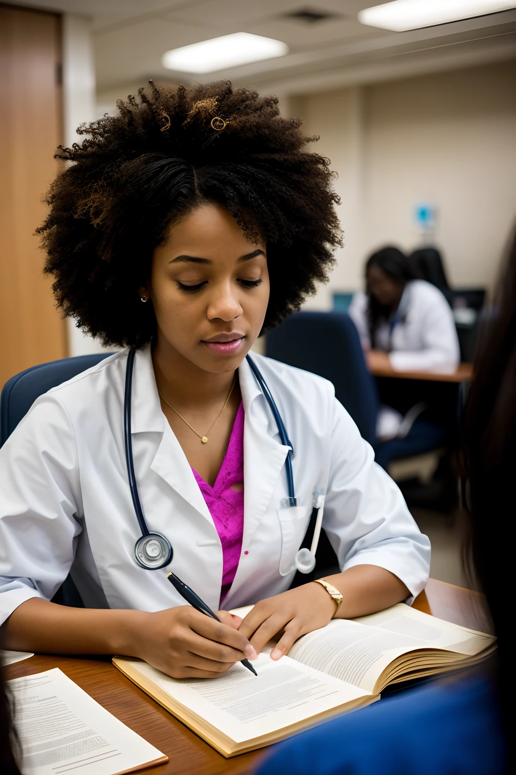 Pursuit of knowledge: A candid shot of a young Afro American woman doctor absorbed in her studies amidst the hustle and bustle of the hospital, Sony A7 III with 35mm f/1.8 lens, ambient lighting, candid photography.