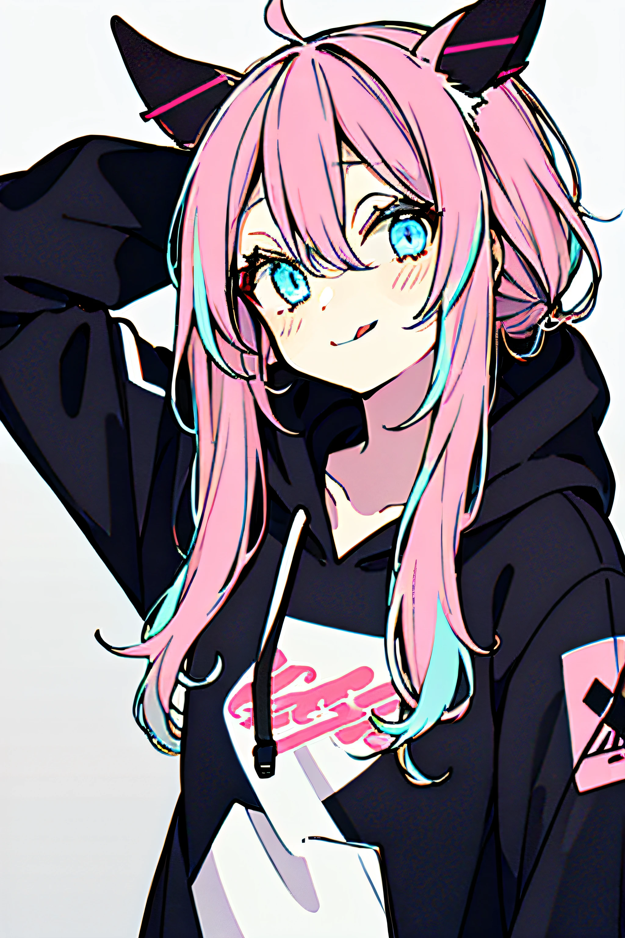 1girl, solo, hood, blue eyes, tongue, tongue out, long hair, long sleeves, bangs, hood up, black hoodie, arm up, upper body, multicolored hair, looking at viewer, white hair, hair between eyes, puffy long sleeves, hoodie, puffy sleeves, pink hair, drawstring, blush, closed mouth, :p, fake animal ears, virtual youtuber, sleeves past wrists, smile, horns, black jacket, jacket, two-tone hair