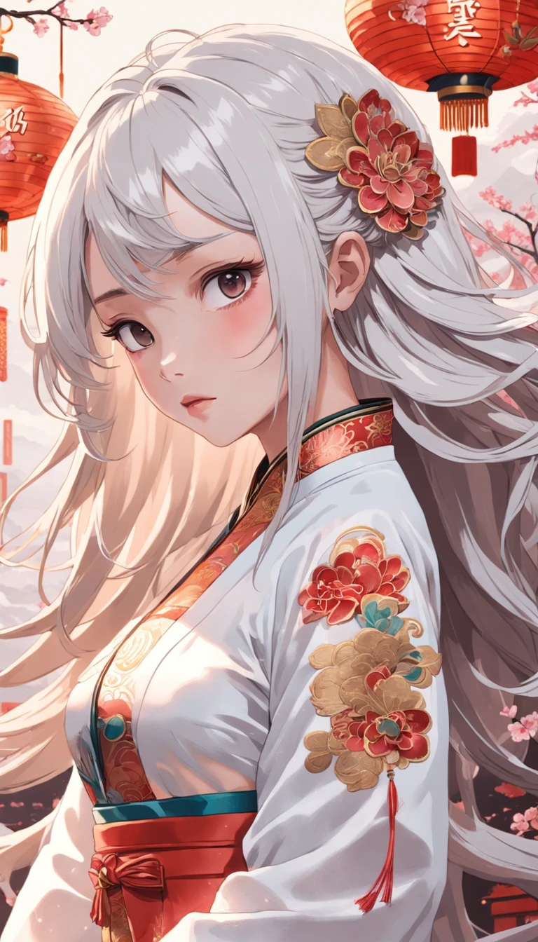 Royal sister,Cold and glamorous,Raised sexy,on cheongsam,Embroidery,(1girll,White color hair,closeup cleavage, colorfull long hair, Oriental elements),(Super refined,Chinese illustration:1.3,paper art:1.3, Quilted paper art:1.2),( reasonable design, Clear lines, High sharpness,Best quality, Very detailed, Masterpiece, movie light effect, 4K )