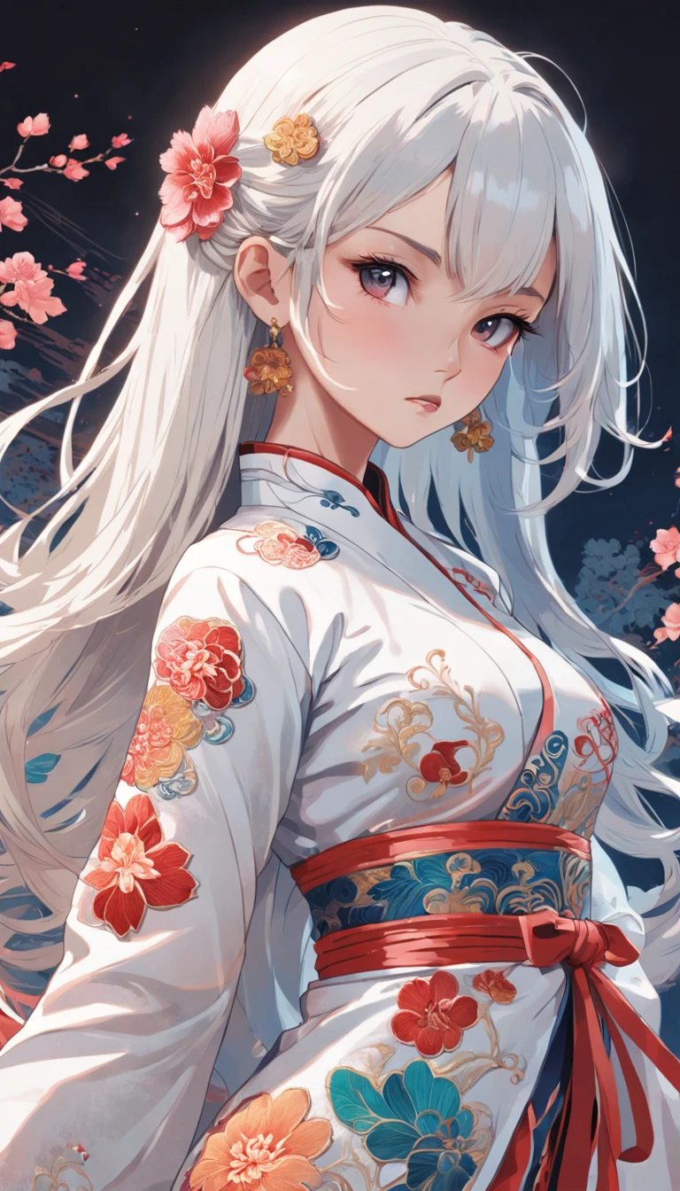 Royal sister，Cold and glamorous，Raised sexy，on cheongsam，Embroidery，(1girll，White color hair，closeup cleavage， colorfull long hair, Oriental elements)，(Super refined，Chinese illustration:1.3，paper art:1.3, Quilted paper art:1.2),( reasonable design, Clear lines, High sharpness,Best quality, Very detailed, Masterpiece, movie light effect, 4K )