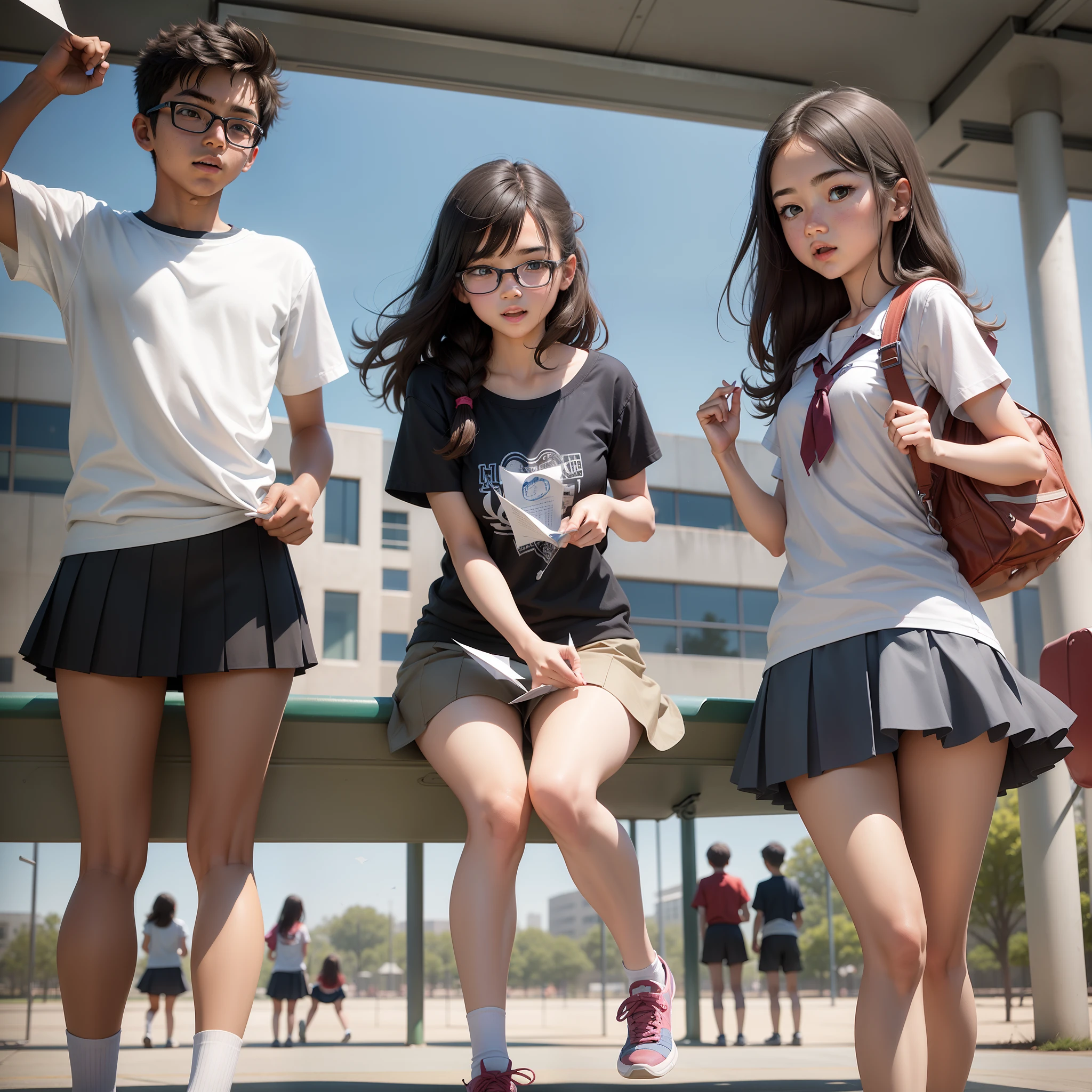 2girls，1boy，Three junior high school students playing with paper airplanes on the playground，Set in the academic building