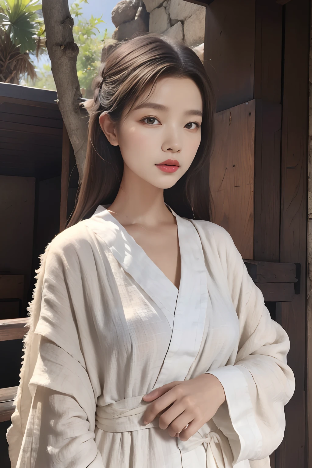 （Masterpiece），republic，Cool temperament，Cold and glamorous，dyna，long whitr hair，A girl in a brown cotton linen robe，Taoist robes，Simple and elegant，Fabric texture，folding fan，Mori Department，flax，outside