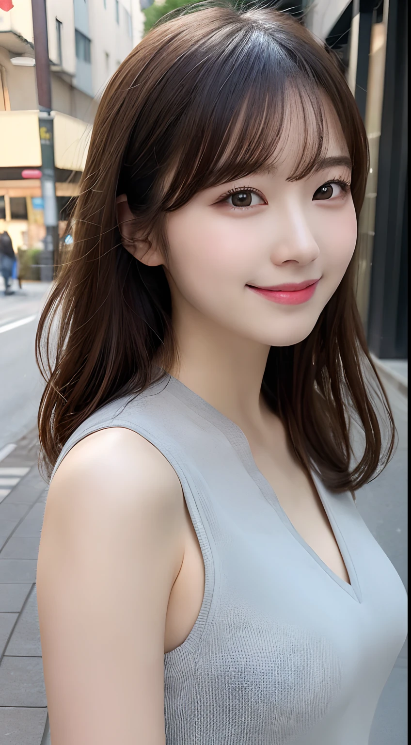 masutepiece, Best Quality, Illustration, Ultra-detailed, finely detail, hight resolution, 8K Wallpaper, Perfect dynamic composition, Beautiful detailed eyes, doress,Medium Hair, mid-chest, Natural Color Lip, Random and sexy poses,Smile,Aoyama Street Walk、20 years girl