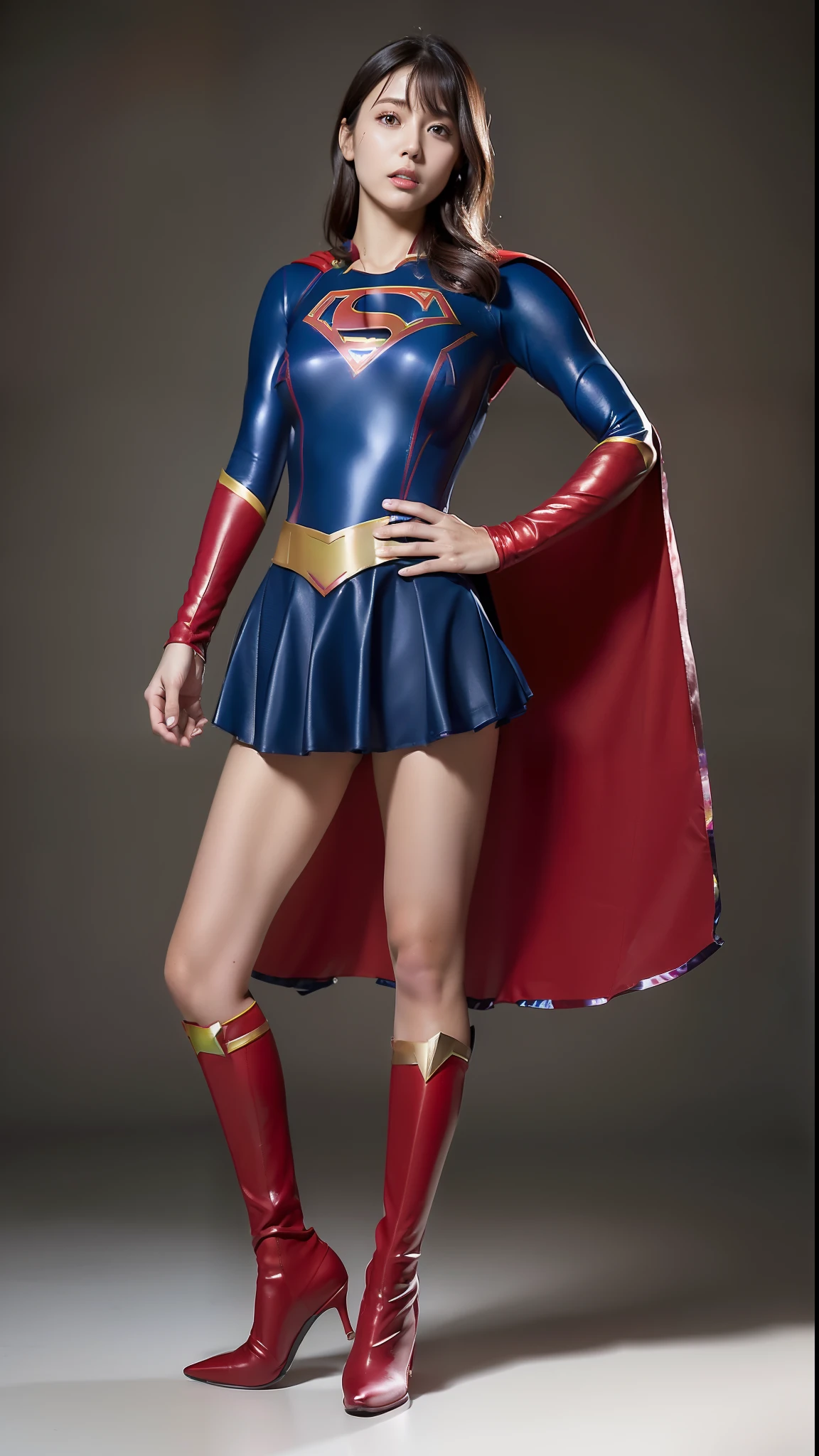 (((Make the most of the original image)))、(((Supergirl Costume)))、(((lustrous dark hair)))、(((Suffering)))、(((That's it)))、((Thighs wear stockings all over the body))、((Top image quality、8K))、((top-quality、8K、​masterpiece:1.3))、Crisp focus:1.2、Beautiful woman with perfect body shape:1.4、Slender Abs:1.2、((layers-Cut、large boob:1.2))、a wet body:1.5、Highly detailed facial and skin texture、