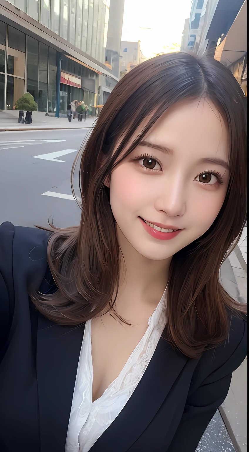 masutepiece, Best Quality, Illustration, Ultra-detailed, finely detail, hight resolution, 8K Wallpaper, Perfect dynamic composition, Beautiful detailed eyes, doress,Medium Hair, Big breasts, Natural Color Lip, Random and sexy poses,Smile,Aoyama Street Walk、20 years girl