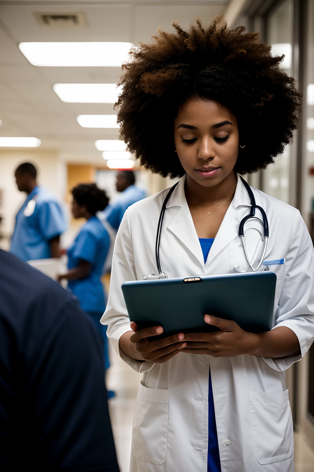 Pursuit of knowledge: A candid shot of a young Afro American woman doctor absorbed in her studies amidst the hustle and bustle of the hospital, Sony A7 III with 35mm f/1.8 lens, ambient lighting, candid photography.