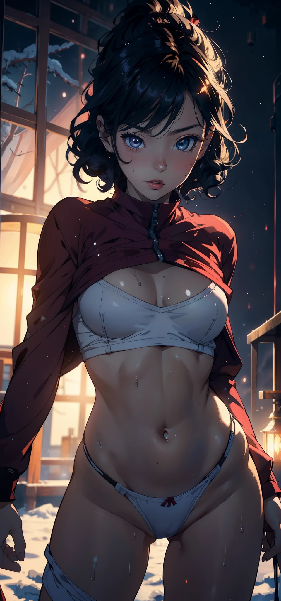 1female，，bit girl，super adorable，Small breasts，Pornographic exposure， 独奏，Wearing a Superman uniform，red capelet（Background with：coniferous forest，at winter season，Snow on the ground） Feel free to hairstyle， 比基尼，standing on your feet，Sweat profusely，drenched all over the body， curlies， mostly cloudy sky，（（（tmasterpiece），（Very detailed CG unity 8K wallpaper），best qualtiy，cinmatic lighting，detailed back ground，beatiful detailed eyes，Bright pupils，（Very fine and beautiful），（Beautiful and detailed eye description），ultra - detailed，tmasterpiece，）），face to the viewer，A high resolution，ultra - detailed）scifi style，revealing breasts，Bare genitalia， Bulge，Camel toes，Raised sexy，Flushed complexion，Open-mouthed，Front upper body，