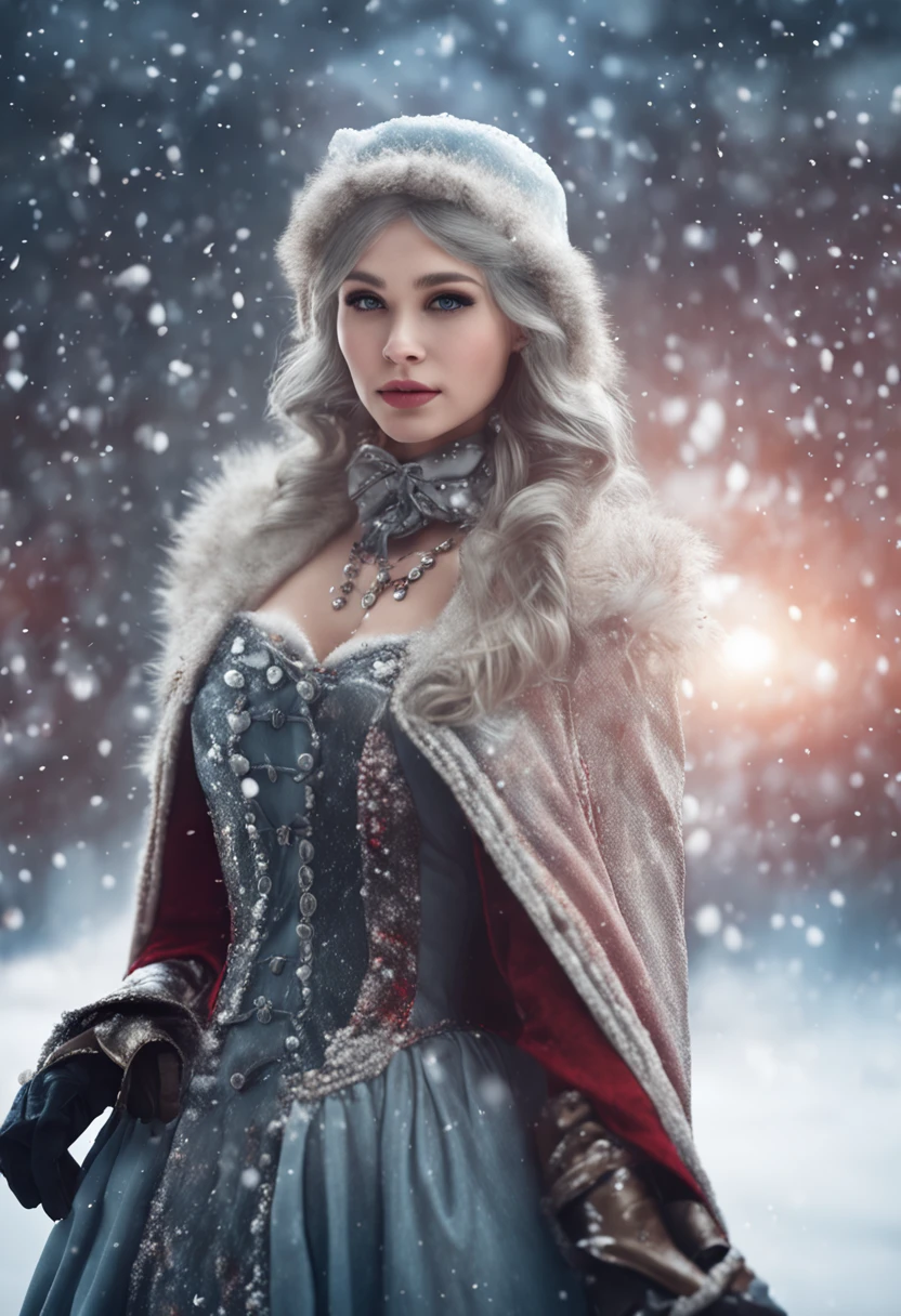 Photorealistic, high resolution, 1 Women, Solo, (Lolita costume),Gorgeous costumes,Face the audience,The upper part of the body,upper legs, beautidful eyes, White hair, ringed eyes, (outside,Heavy snowfall,Cloak,Cover with snow),snowfield