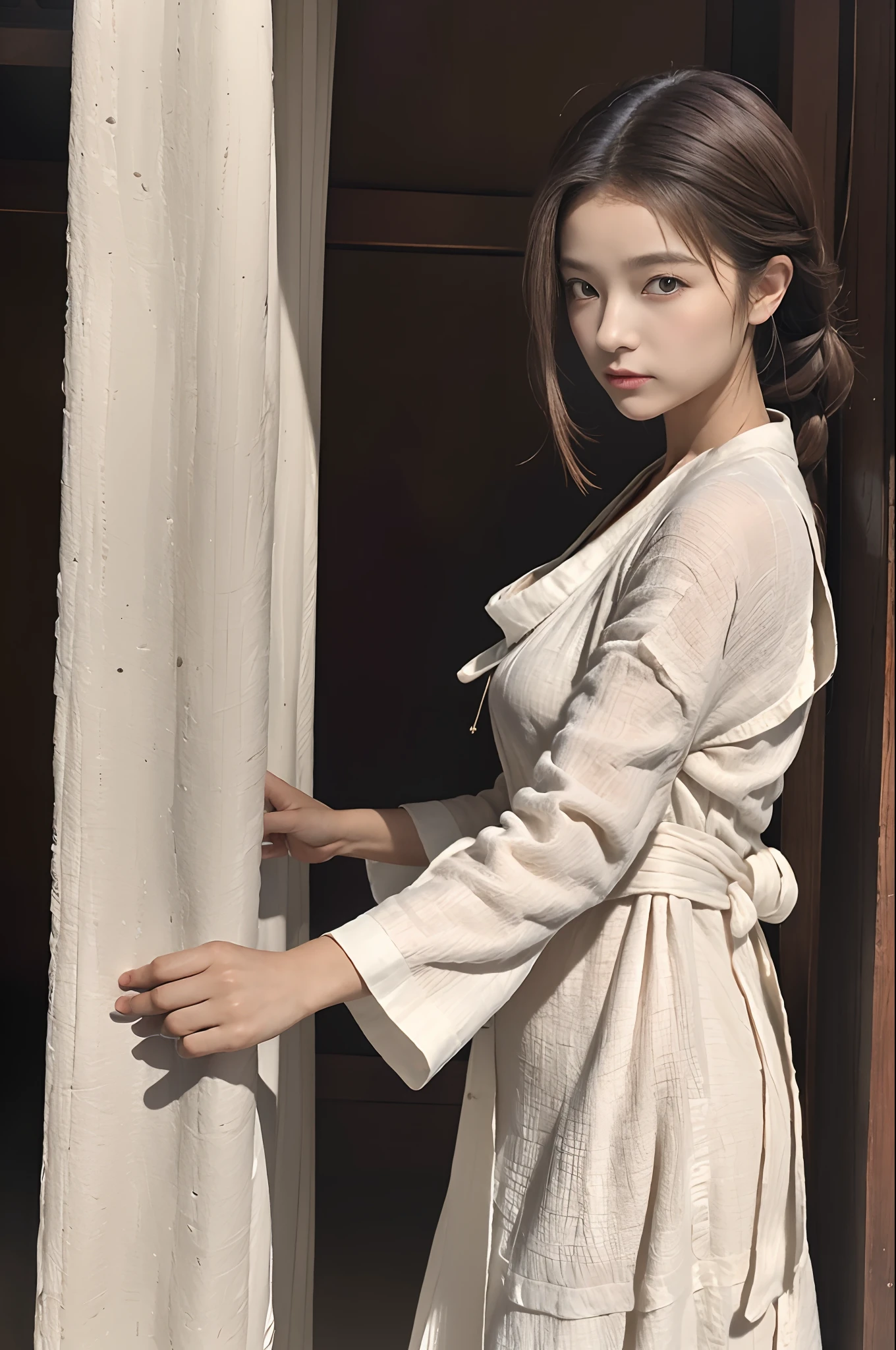 （Masterpiece），republic，Cool temperament，Cold and glamorous，dyna，long whitr hair，A girl in a brown cotton linen robe，Taoist robes，Simple and elegant，Fabric texture，folding fan，Mori Department，flax，outside