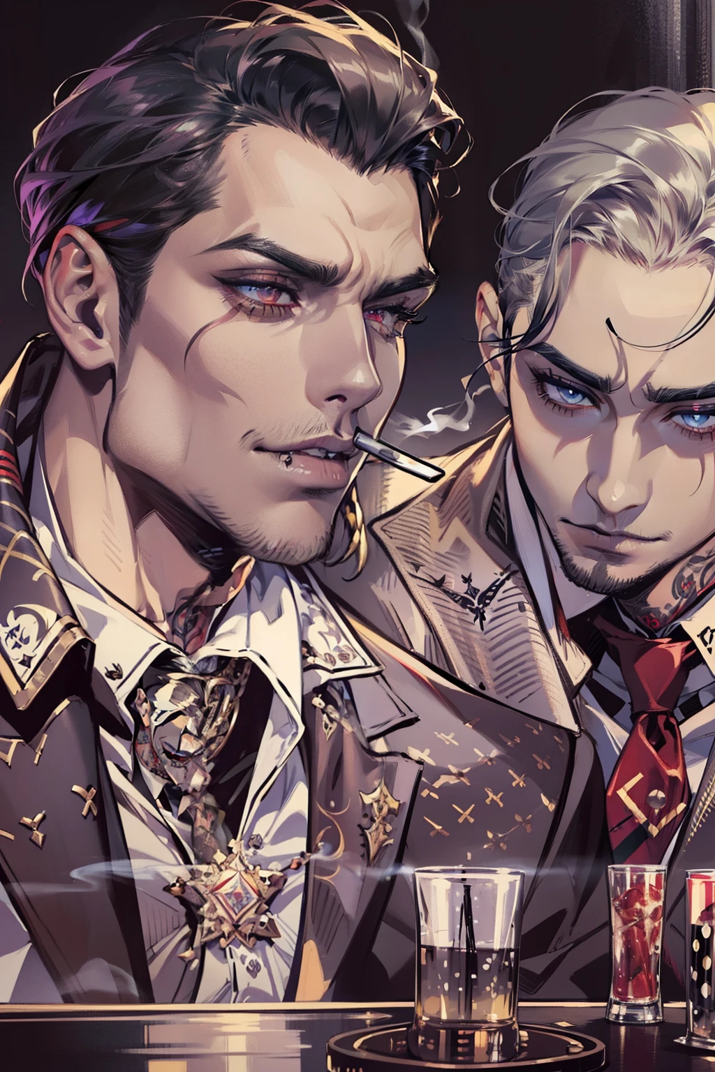 Mafia Noir Casino Gambling Bar Vampire dominant alpha gay couple macho sexy handsome demon adult men with tattoos big chest big abs slicked back hairstyle smoking red eyes charisma goth ((perfect face structure)) detailed stylized ((handsome male couple)) ((men kissing)) ((perfect eyes))