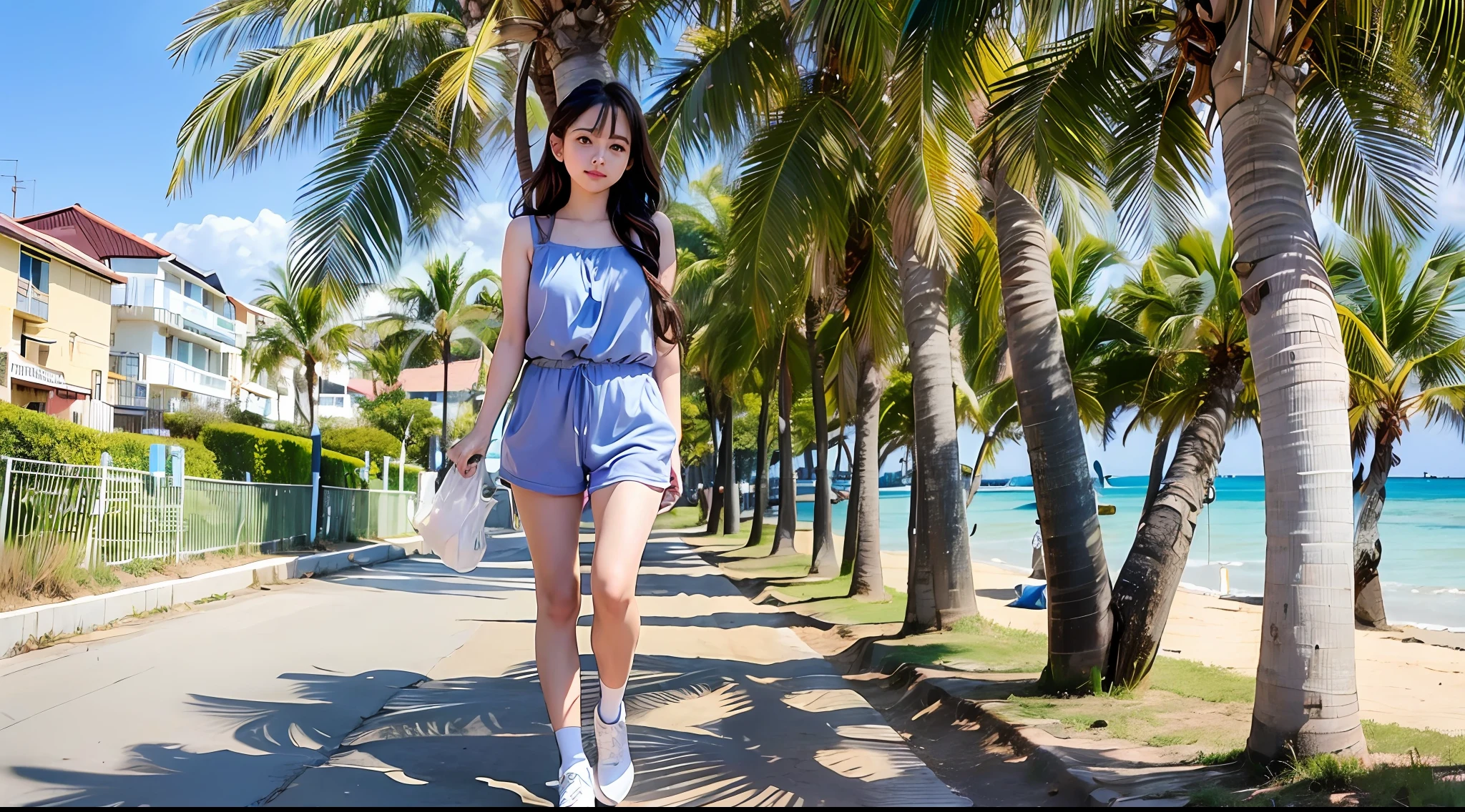 Prefer sunshine girl, long brown curly hair, braids at side, wearing pink romper, casual white shoes, walking a puppy, by the beach, (one hand holding camera), big round eyes, blue eyeball, sunny weather, blue seas, wearing ear stud, hanging around