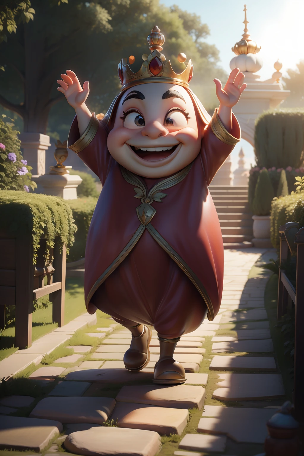 A huge and important tomato vegetable walks around the garden and smiles broadly, on a stone path with steps, waving his arms in a friendly way, a small crown on the head, a lot of details, Disney Pixar Style, Realistic, Cinematic, Ray Tracing, in the style of realistic lighting with chiaroscuro, Detailed facial features , a closeup of a, Fantasy background, Light haze.