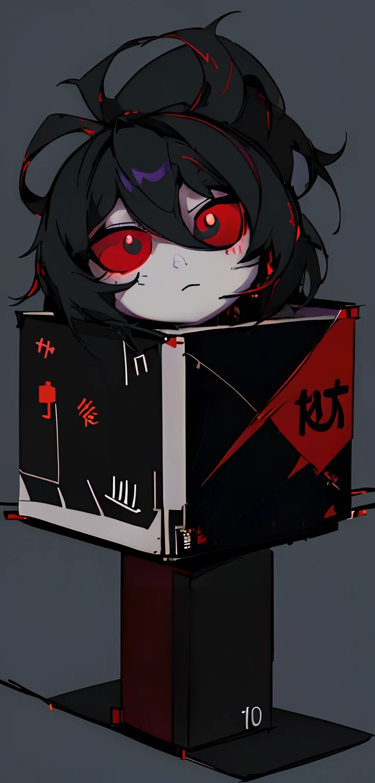 a close up of a small toy with a box on it, roblox avatar, profile picture 1024px, pitchblack skin, chibi, by :5 sexy: 7, gapmoe yandere grimdark, fully red eyes no pupils, anime styled 3d, gapmoe grimdark, octan render, stylized anime, heavily stylized, oc rendered