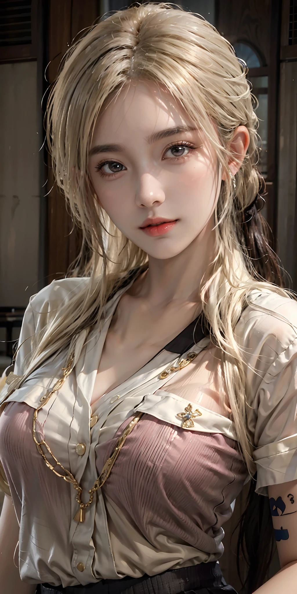 photorealistic, high resolution, soft light,1women, solo, hips up, shining skin, (detailed face),tattoo, jewelry, secretary uniform, skirt, night, blonde hair, wavy hair, Beautiful Soldier, Eyes That Invite Viewer, Lover's Perspective, Inviting Expression, Sexy Smile, Perfect Style, Perfect Balance, Detailed Skin, Naughty Gaze, Chest Visible