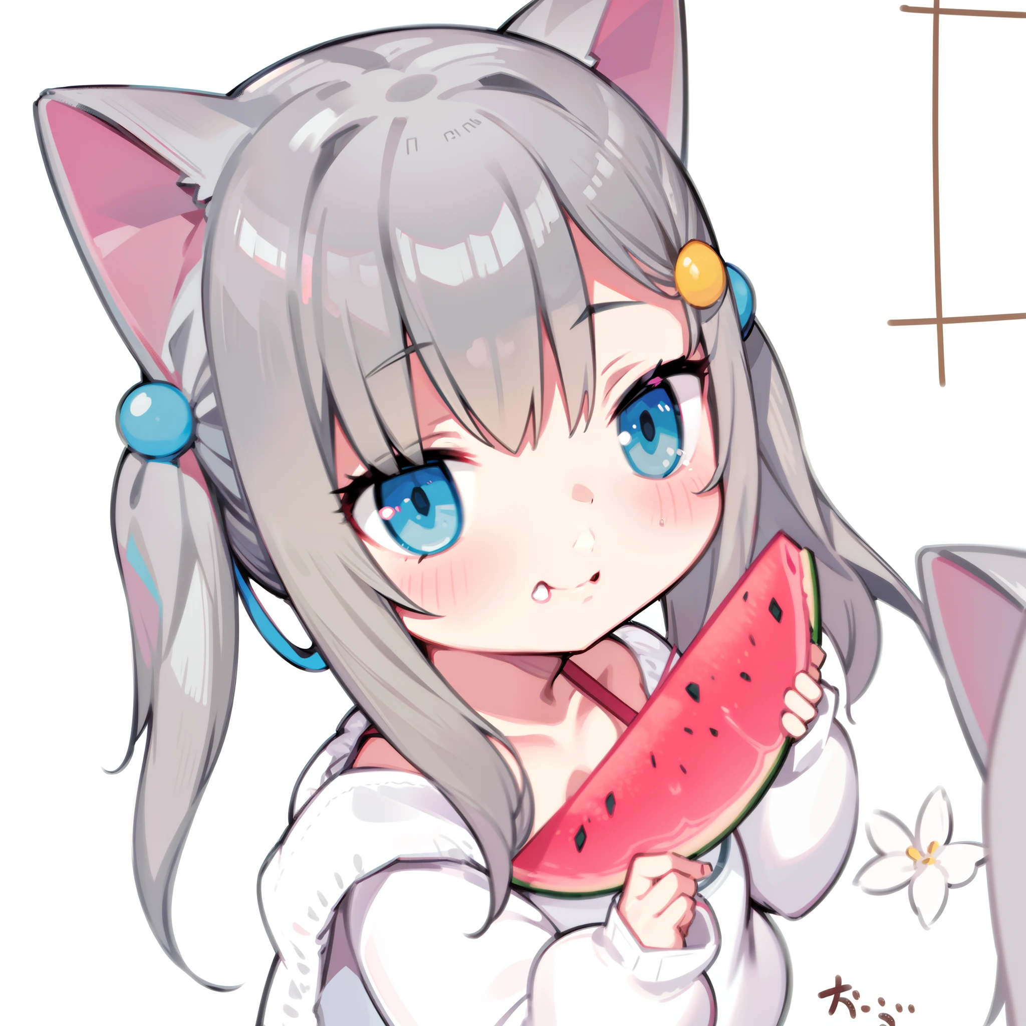 Eating watermelon,Cat-eared girl,Cute white casual clothes,White-haired girl,tmasterpiece,Need,hyper HD,Lori huge breasts cleavage,1 girl,UHD,high quality,ultraclear