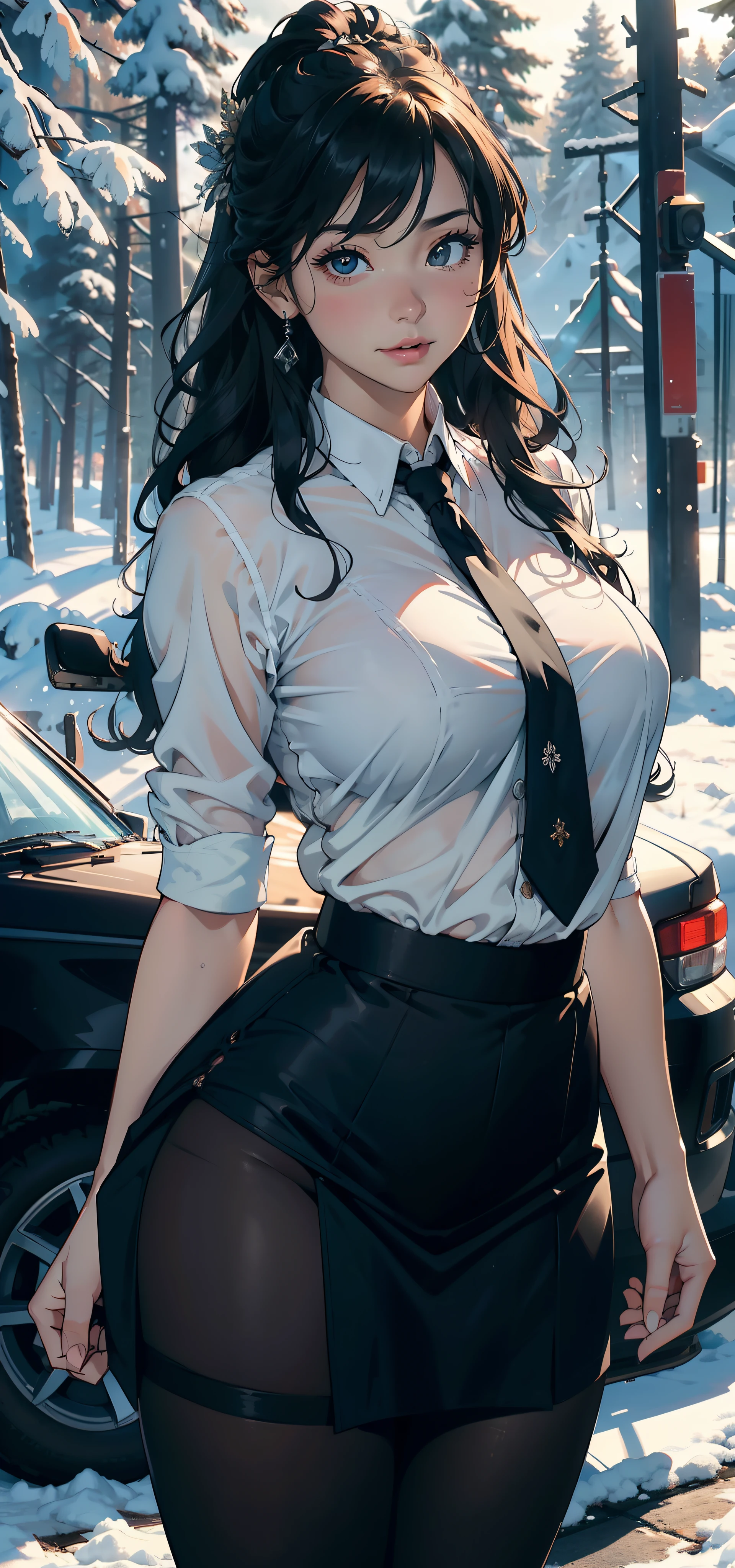 1female,25 age old,Large breasts,Pornographic exposure, 独奏,(Background with:ports,coniferous forest,at winter season,Snow on the ground) with his long black hair, 比基尼,standing on your feet,Sweat profusely,drenched all over the body,seen from the front, curlies, mostly cloudy sky,(((tmasterpiece),(Very detailed CG unity 8K wallpaper),best qualtiy,cinmatic lighting,detailed back ground,beatiful detailed eyes,Bright pupils,(Very fine and beautiful),(Beautiful and detailed eye description),ultra - detailed,tmasterpiece,)),facing at camera,A high resolution,ultra - detailed),revealing breasts,Bare genitalia, Bulge,Camel toes,Raised sexy,Flushed complexion,Open-mouthed,frontage,(Wearing:White shirt,black necktie,JK skirt,Pantyhose)