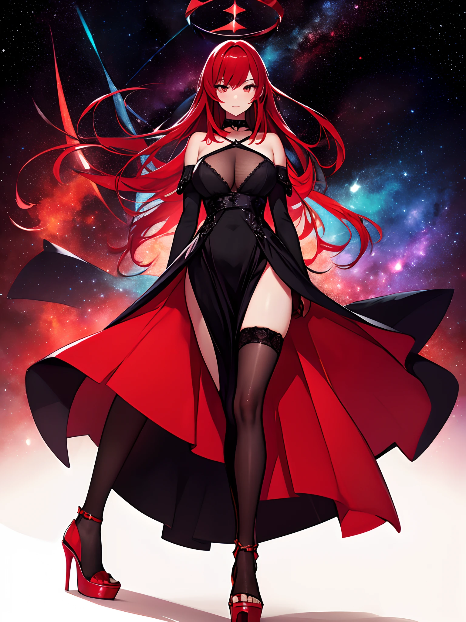 best qualityer,tmasterpiece,Ultimate resolution,downy,Extremely colorful,Colorful,Lady,a matural female,Black dress long dress,Gorgeous dress,huge tit,(long red hair,A burn),(black lence stockings,Stiletto sandals),soles of feet,red starry sky,Normal posture,Normal posture