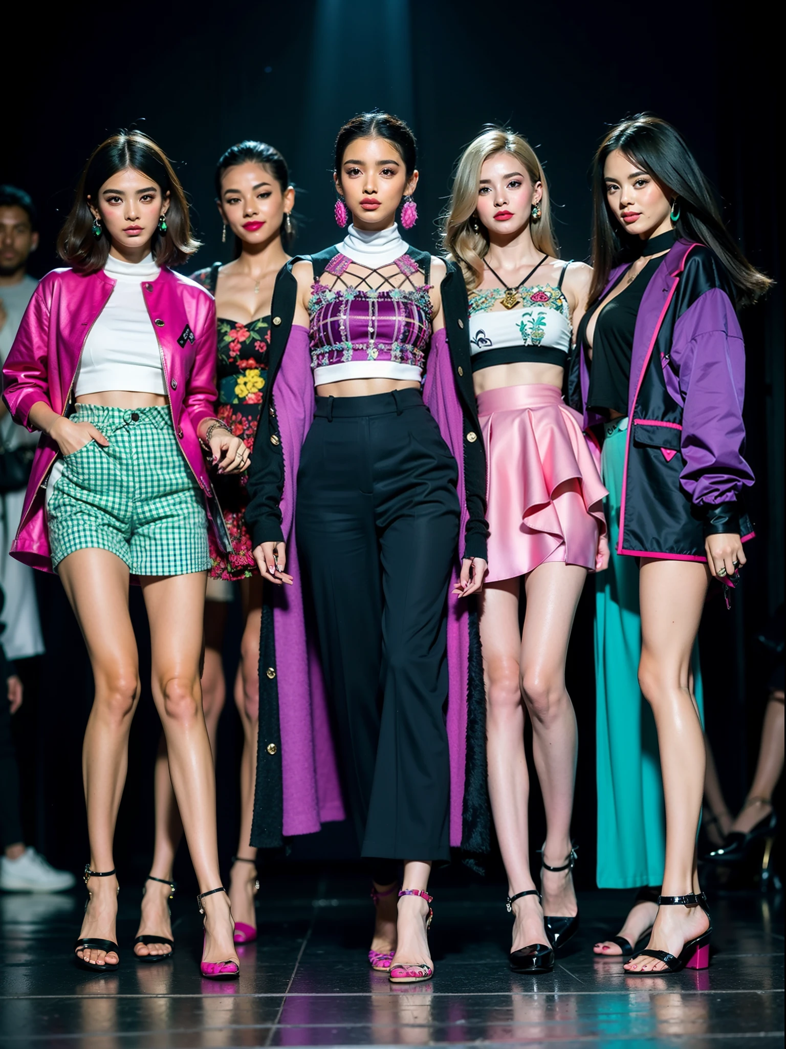 um desfile conceitual de moda, Fashion influencer trends, frequentadores urbanos, Estampas estilo patchwork., Parts with different details. Saias midi plissadas |, (dark colors will be magenta, lavanda, terracota, Turquesa, verde turquesa e rosa Barbie). roupas estampadas, checkered pieces