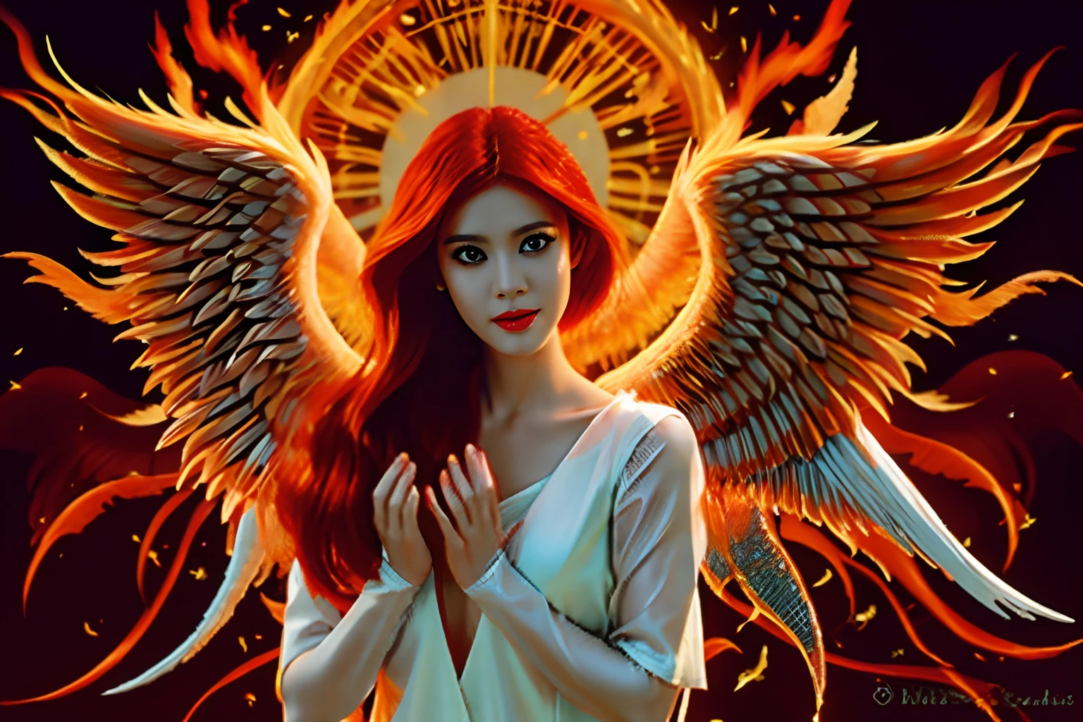 A beautiful angel, with red hair turning to fire, An angel woman, (((pechos grandes, An angel with wings of fire))), Transmite calidez y paz, papel tapiz, 8k, Detalles intrincados, obra-prima