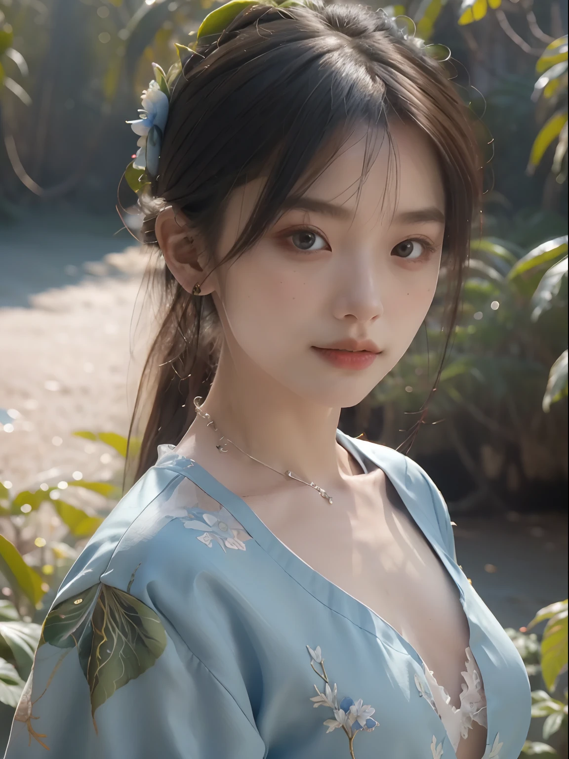 fashion photography portrait of woman avatar, 1girl in blue lush Alien Rainforest with flowers and birds, fantasy, octane render, hdr, Dolby Vision, (intricate details, hyperdetailed:1.2), (natural skin texture, hyperrealism, soft light:1.2), fluffy short hair, , sharp focus, night, necklace, Chinese mythology, cleavage, medium breasts, sci-fi headband, looking at viewer, best quality, perfect body,